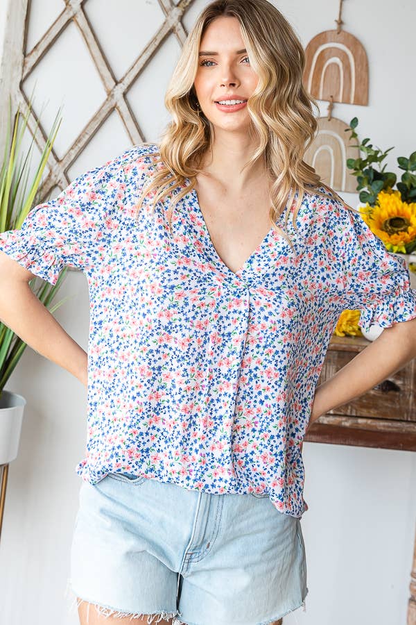 Tiny Flower Print V-Neck Ruffled Puff Sleeve Blouse T5051