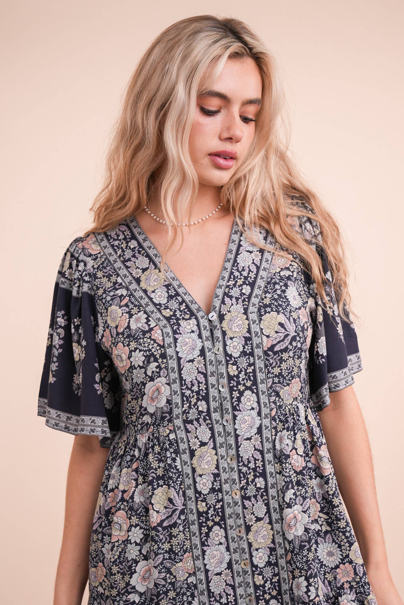 Shirring Detail Printed Woven Mini Dress