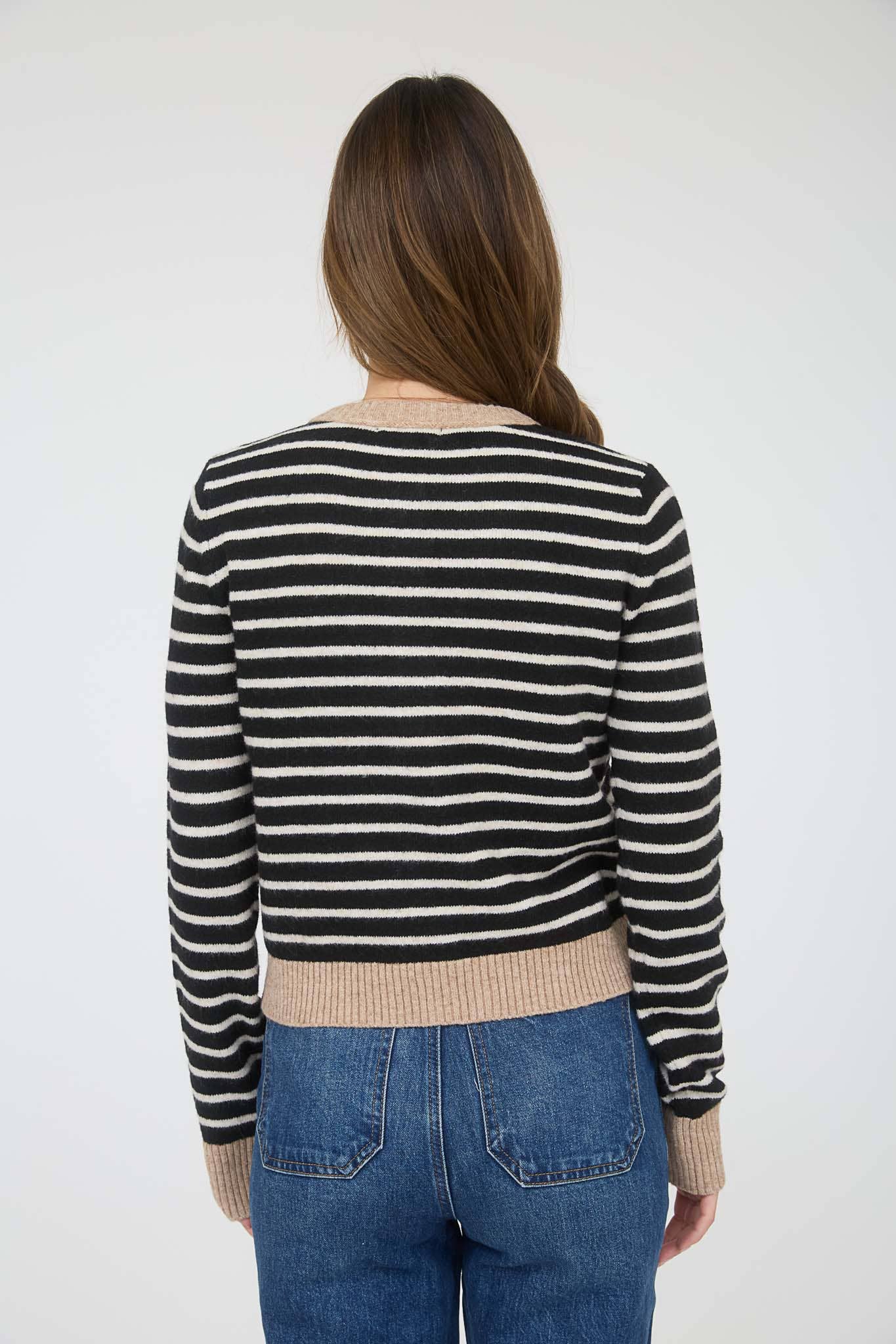 STRIPE COLORBLOCK TRIM BUTTON DOWN KNIT CARDIGAN