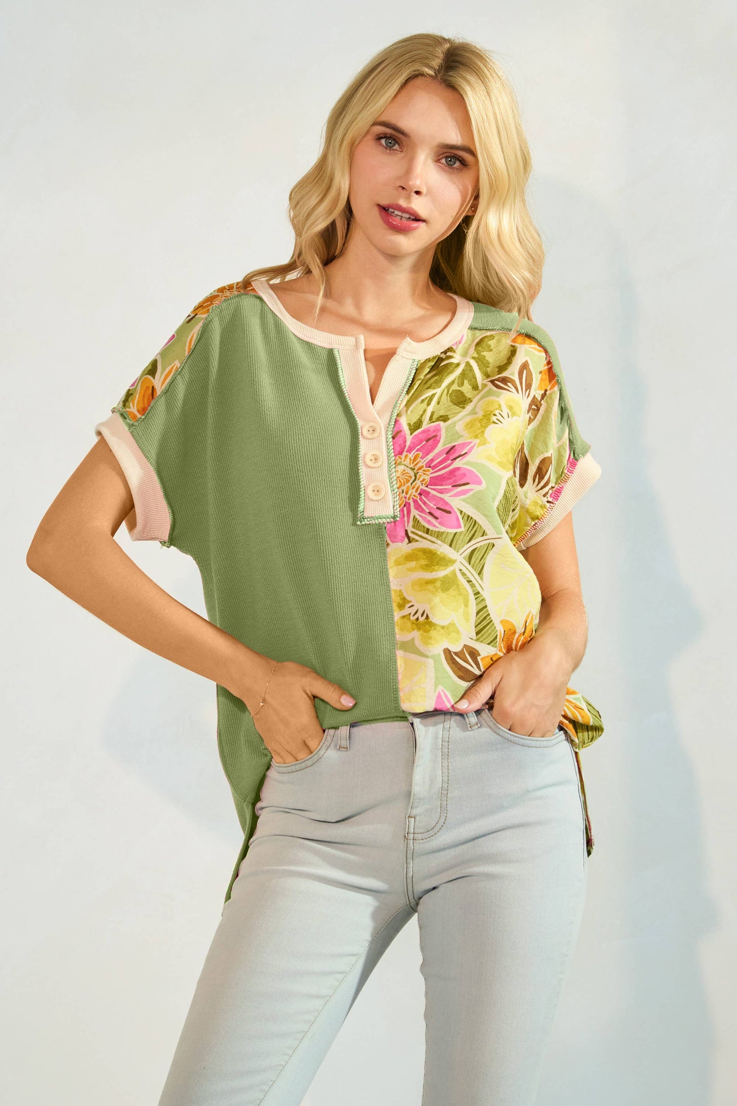 Floral Half Panel Button Short Sleeve Top T5963