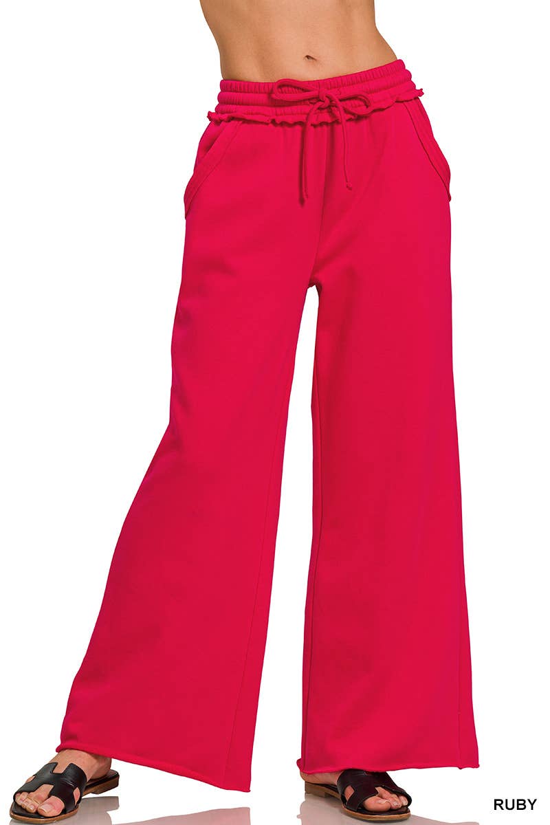 Zenana - Fleece Exposed Seam Wide Leg Sweatpants - Ruby