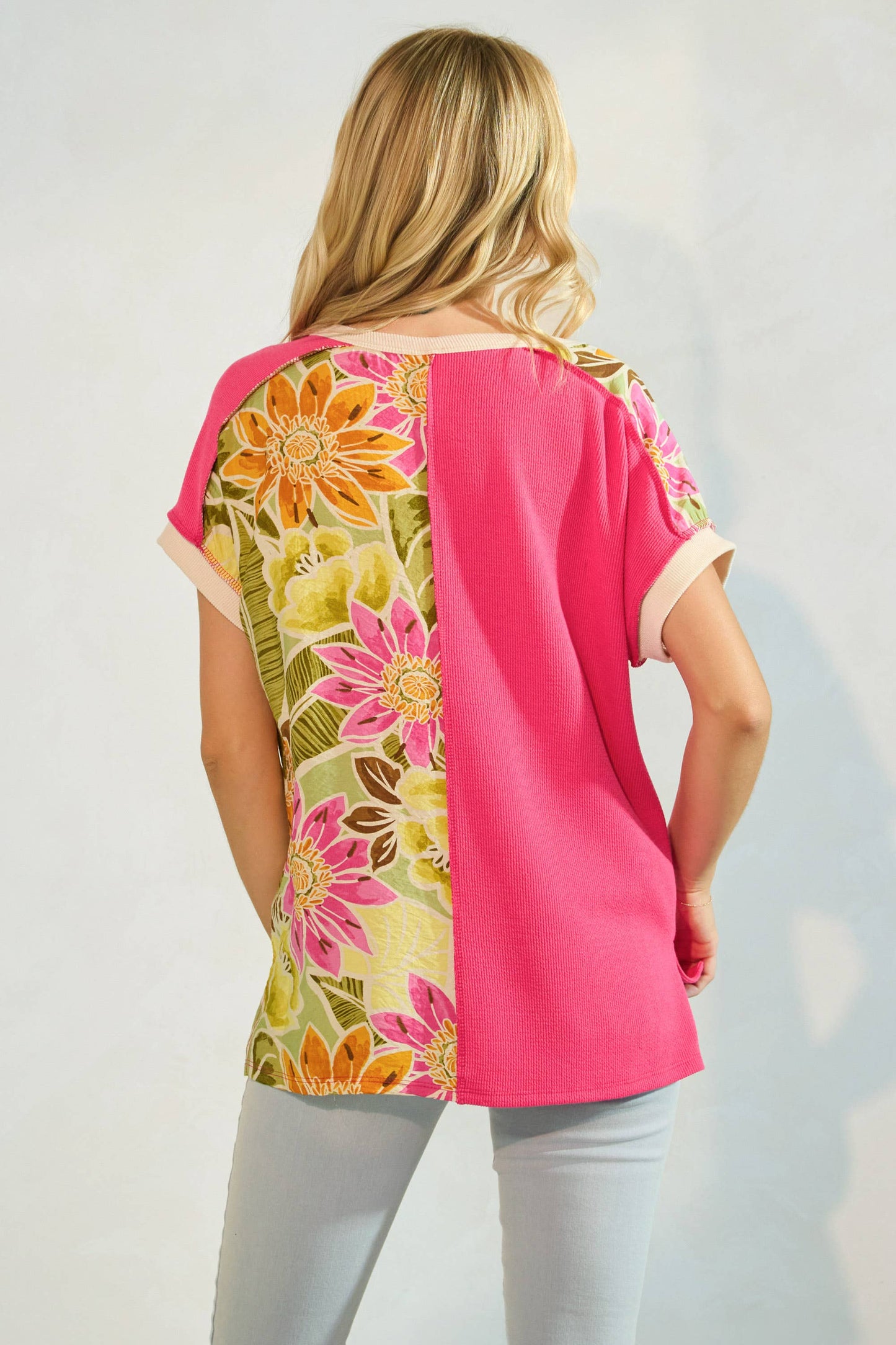 Floral Half Panel Button Short Sleeve Top T5963