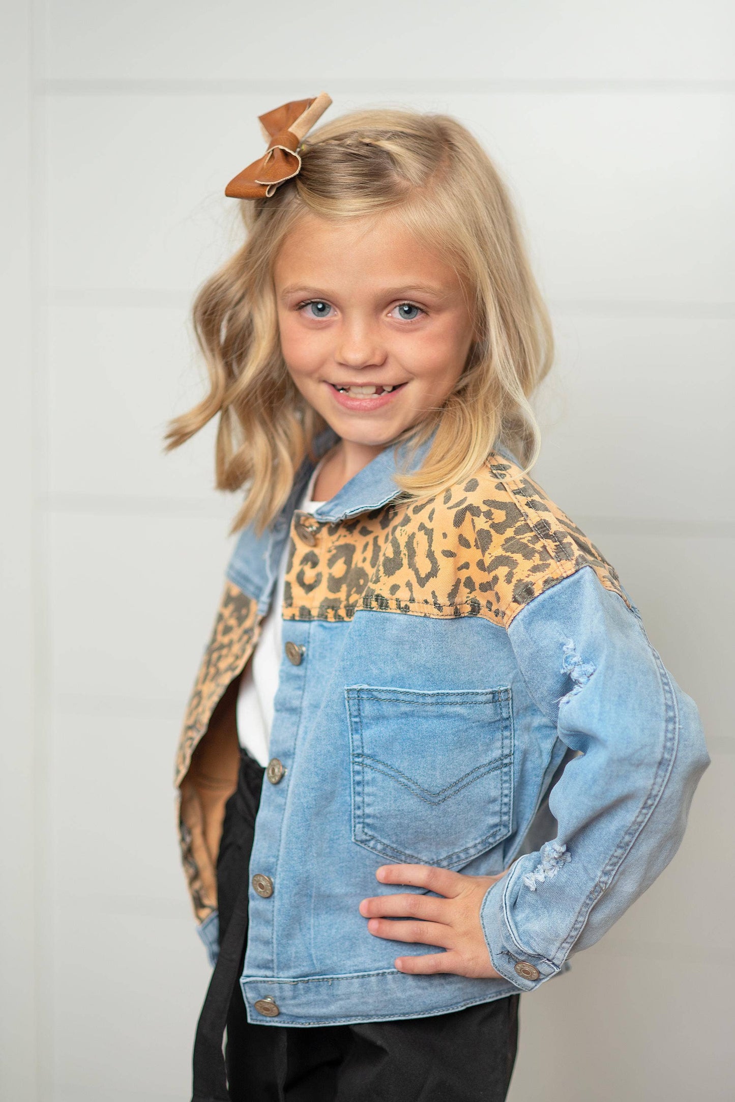 Kids Leopard Patch & Light Wash Denim Button Pocket Jacket