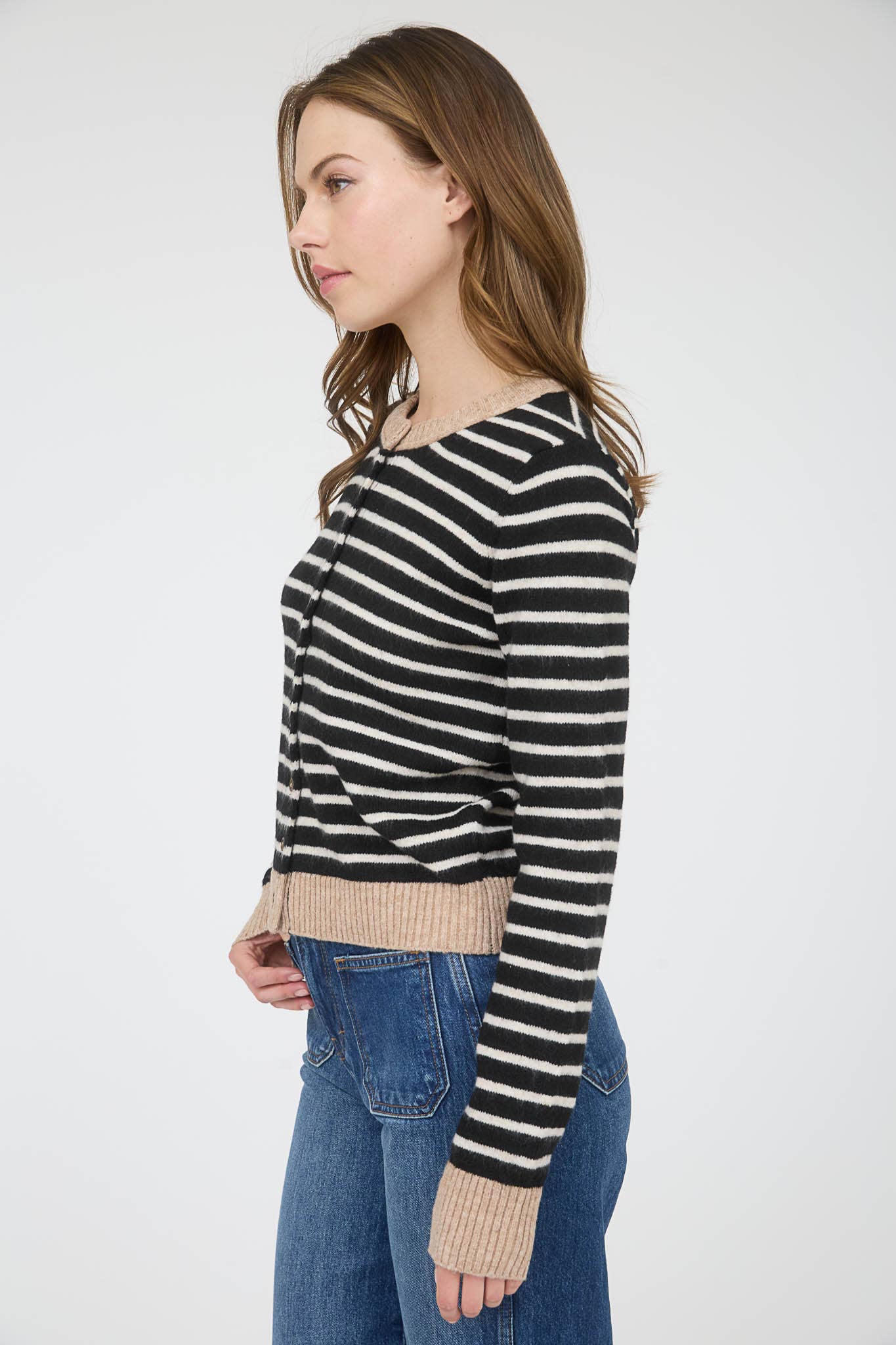 STRIPE COLORBLOCK TRIM BUTTON DOWN KNIT CARDIGAN
