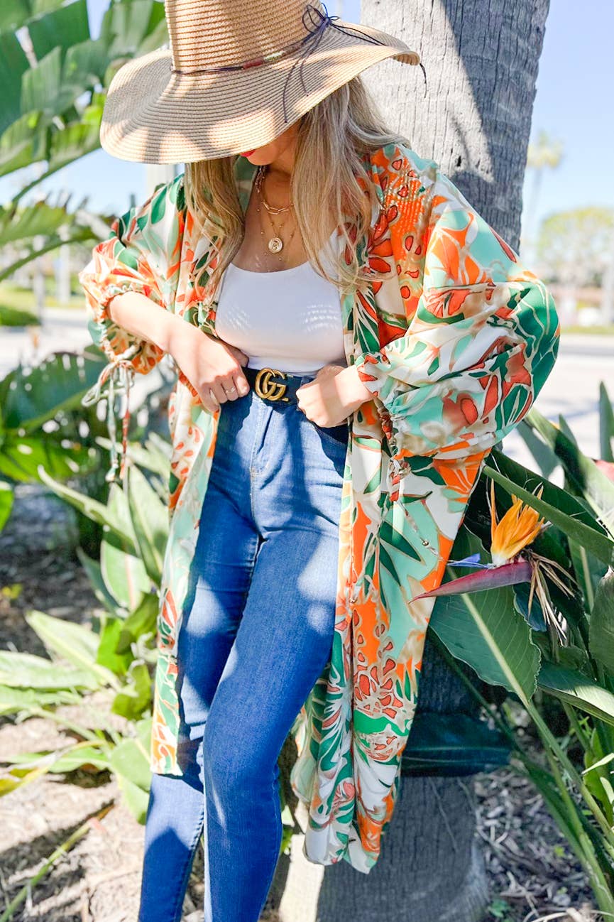 Green Multi Tropical Printed 3/4Tie Sleeve Satin Maxi Kimono