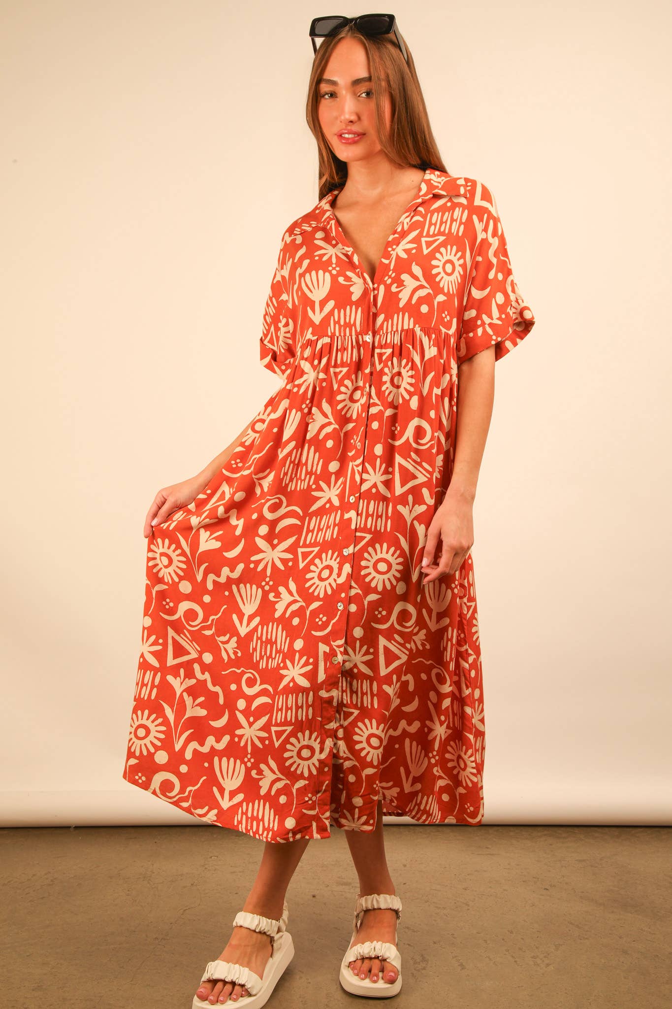 ND31583-Oversized Printed Shirt Midi Dress