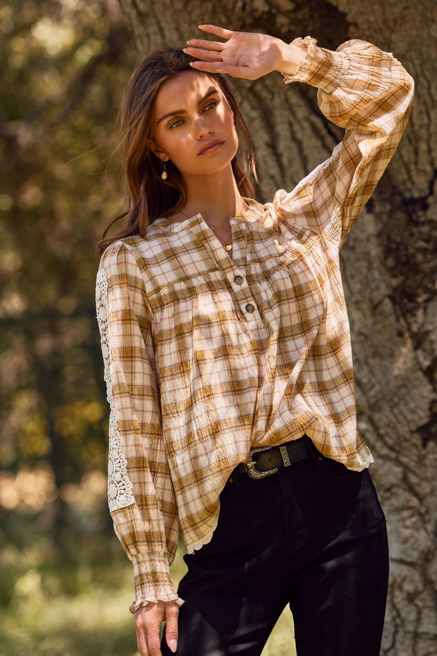 Lace& Plaid Combo Long Sleeve Blouse