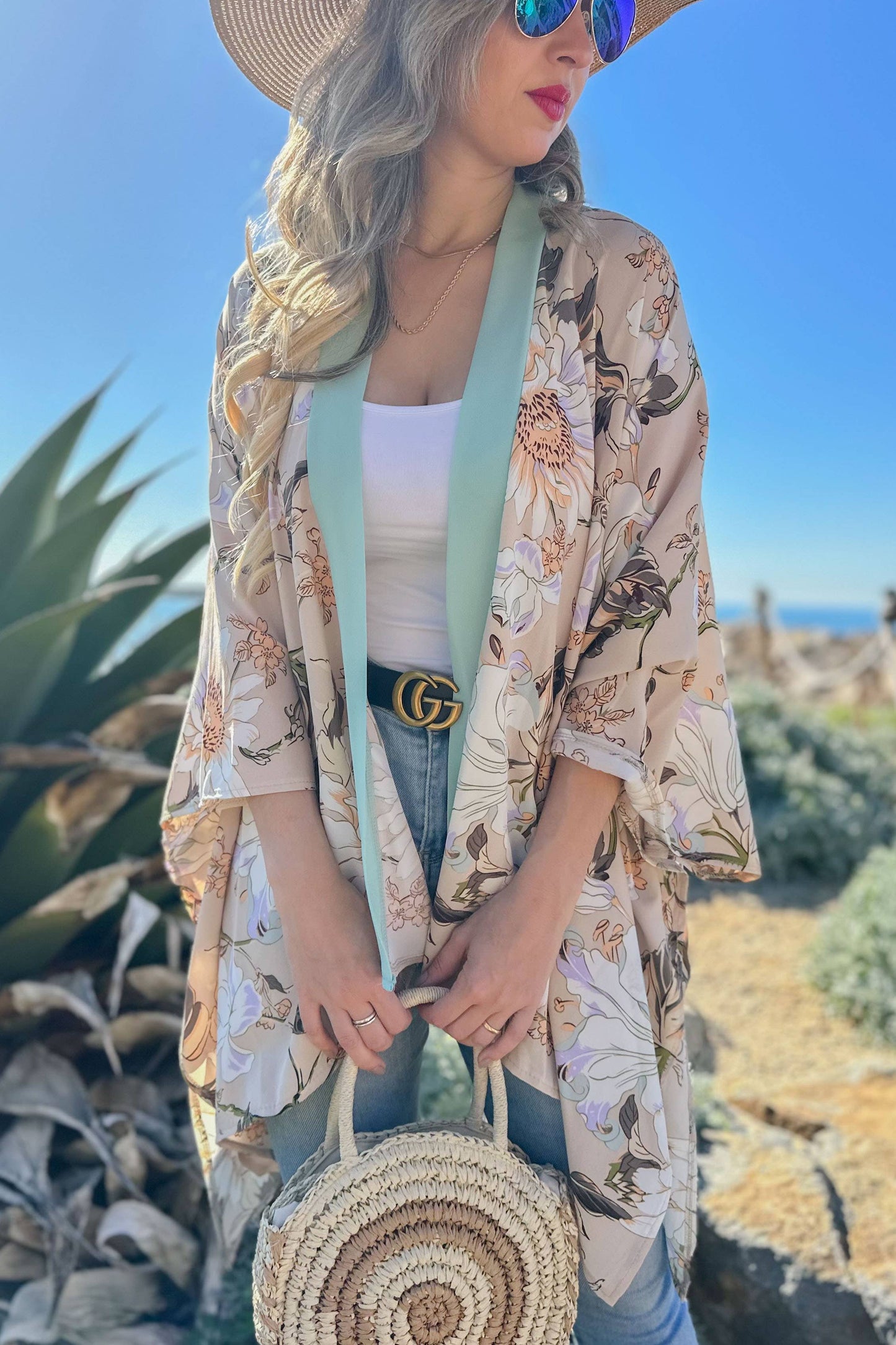 Elegance Nude Floral Printed Kimono Cardigan Cover UP