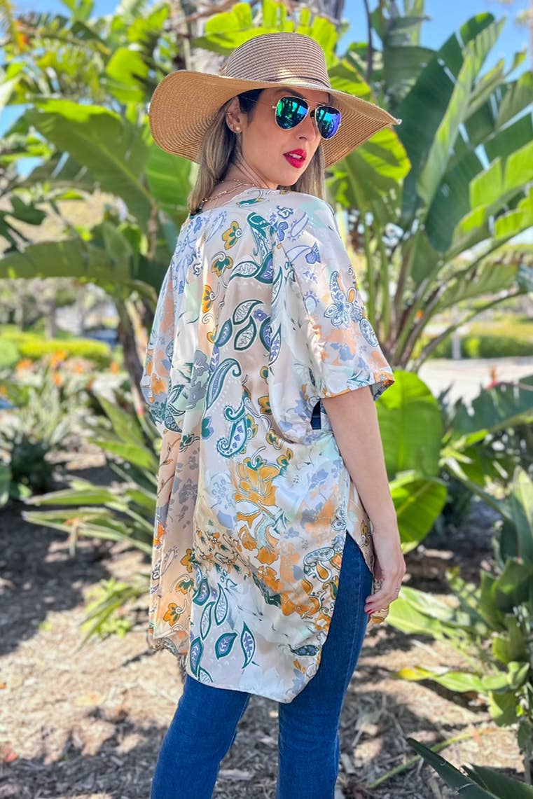 Beige Floral Printed Satin Kimono Cardigan Cover Up