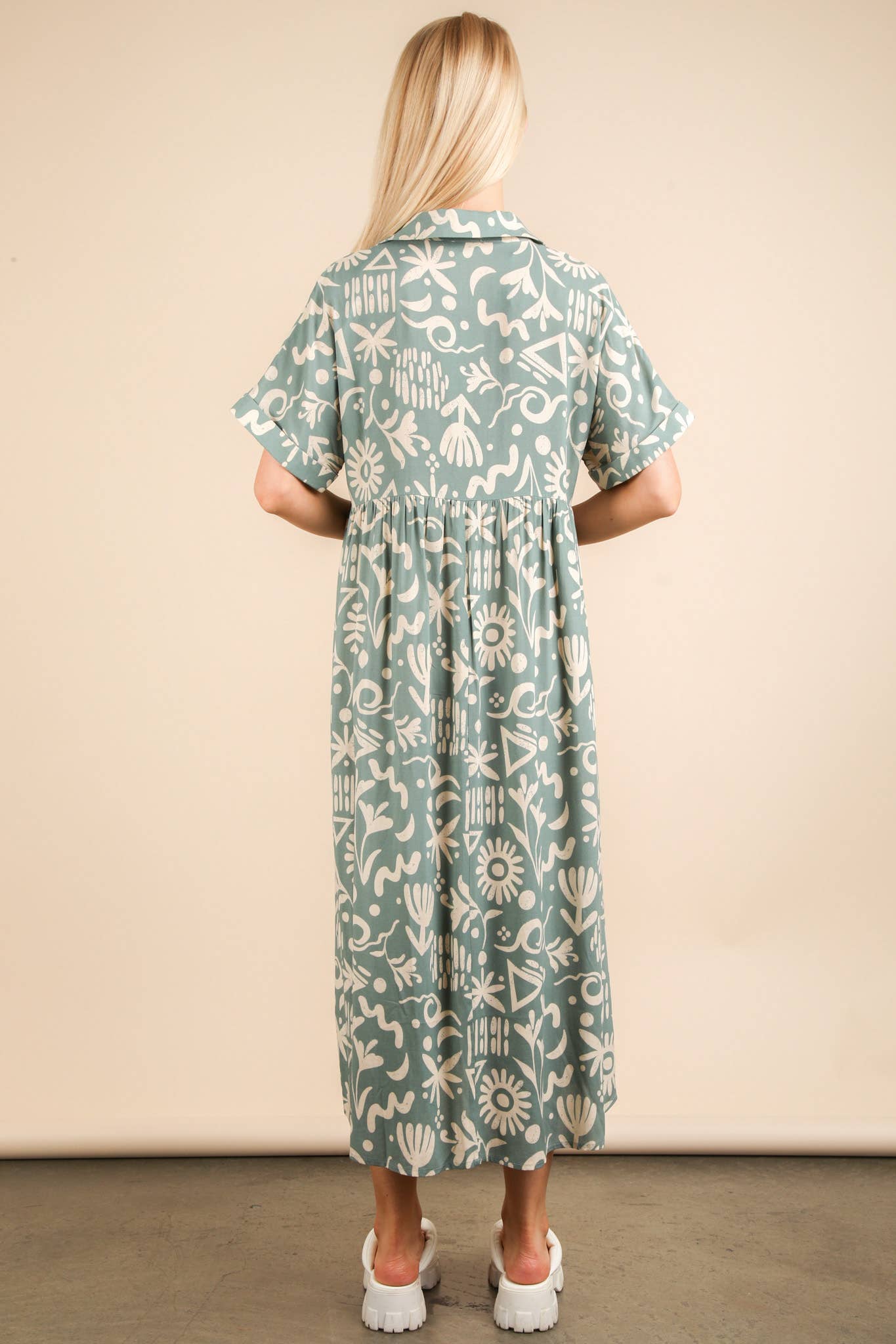 ND31583-Oversized Printed Shirt Midi Dress