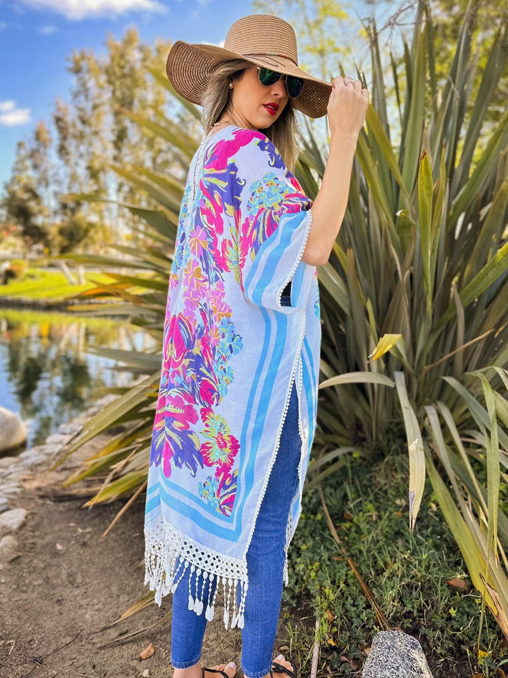 White Multi Floral Print Lace Detail Tassel Bottom Kimono