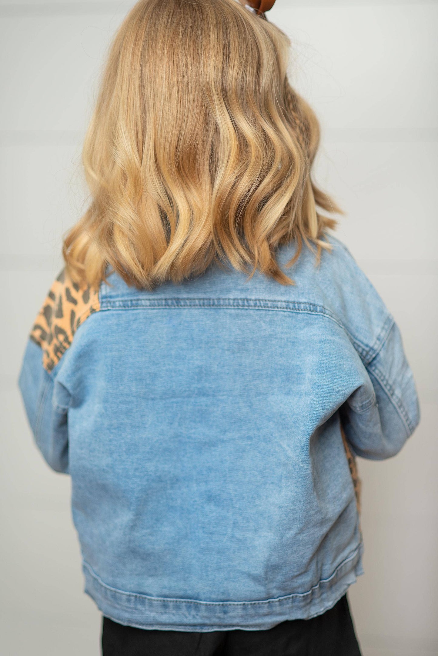Kids Leopard Patch & Light Wash Denim Button Pocket Jacket