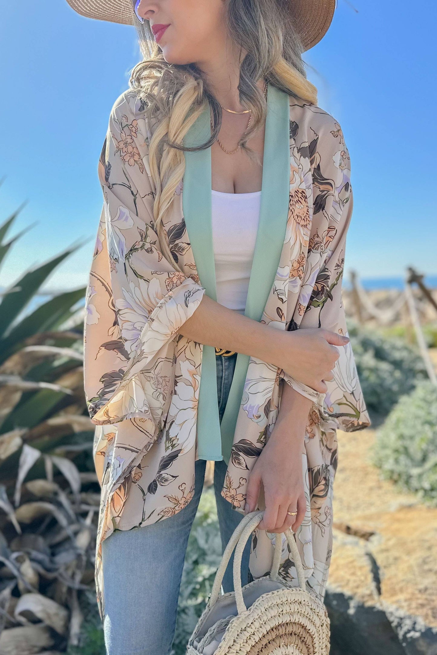 Elegance Nude Floral Printed Kimono Cardigan Cover UP