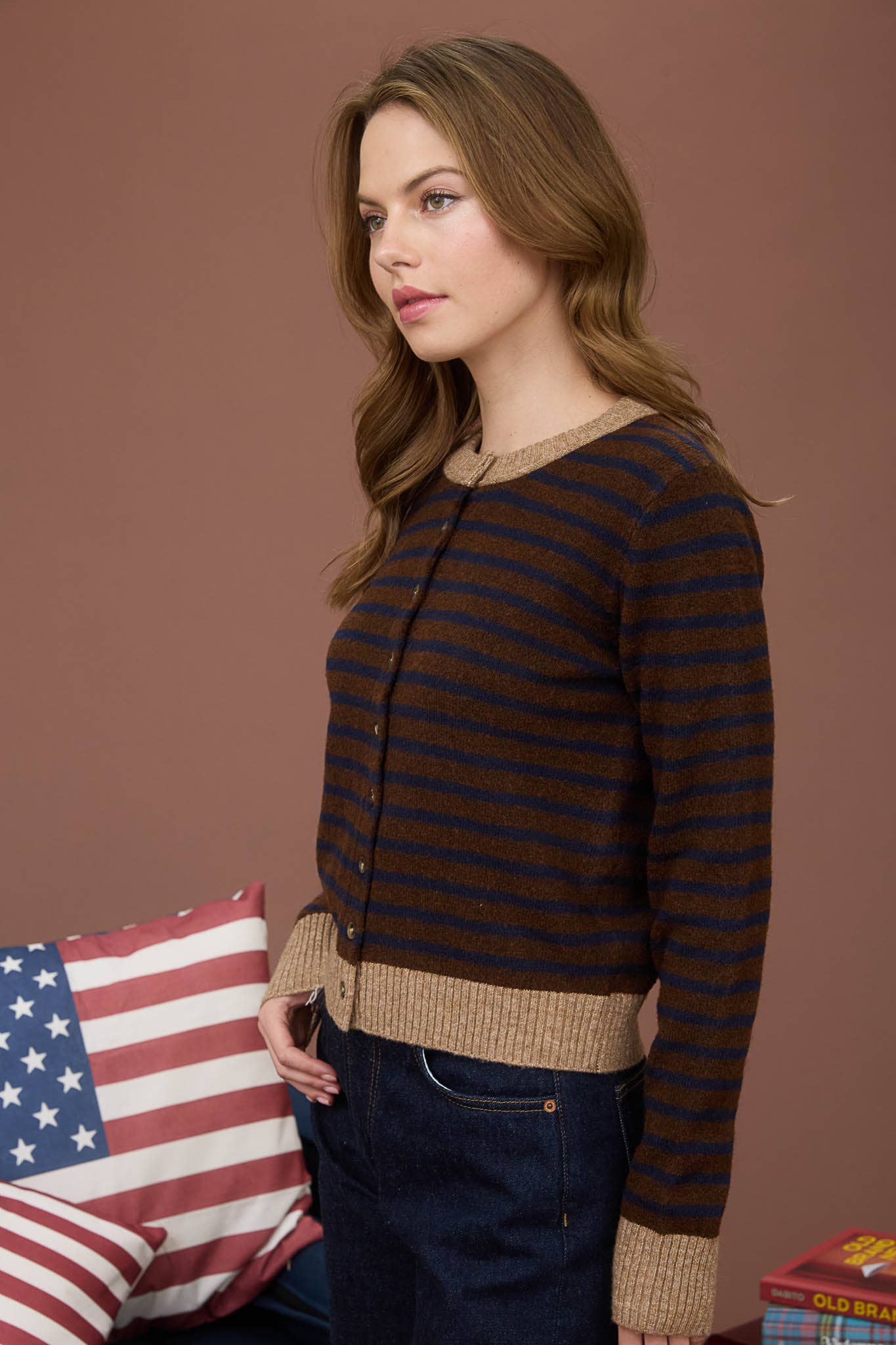 STRIPE COLORBLOCK TRIM BUTTON DOWN KNIT CARDIGAN