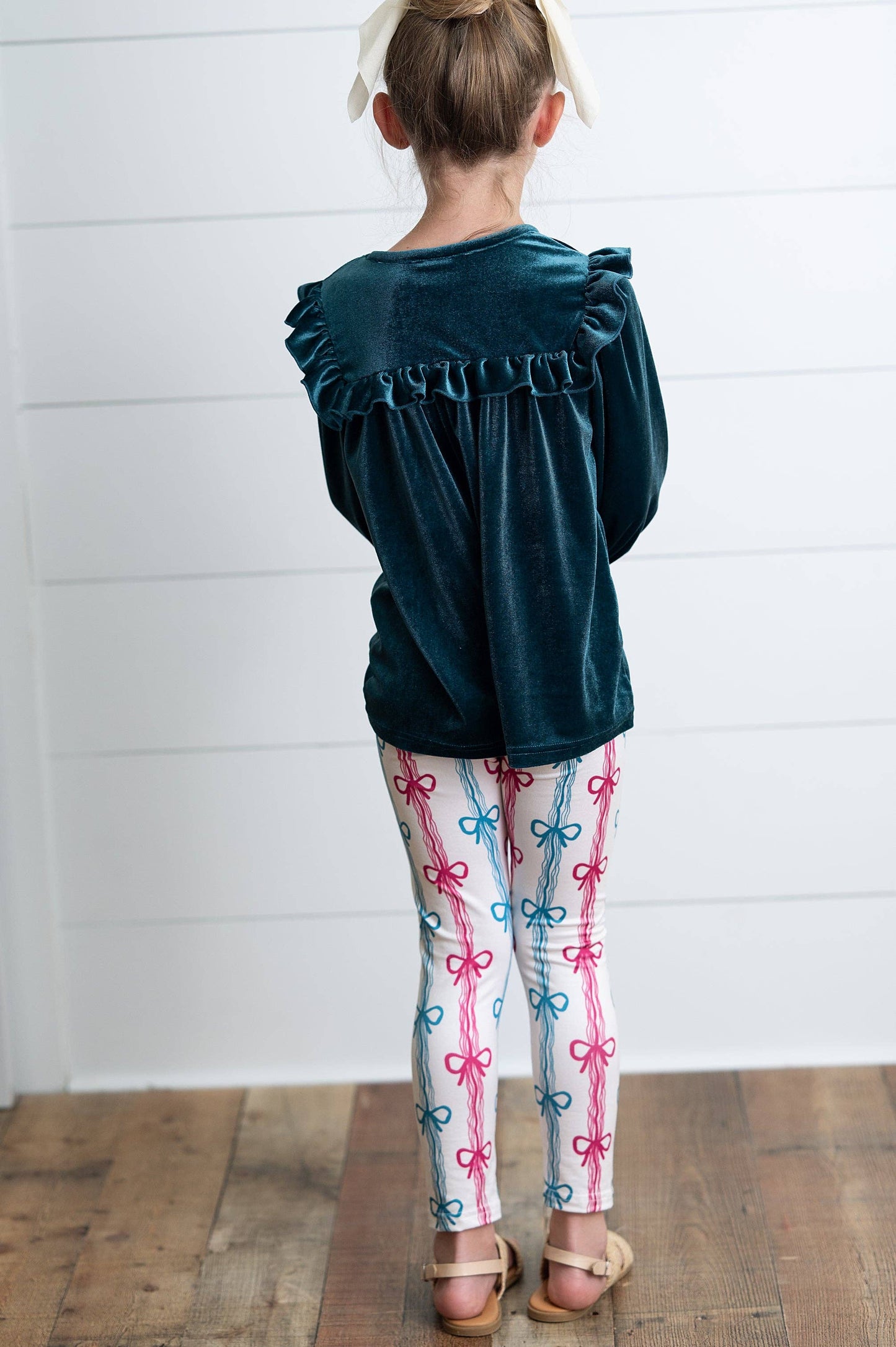 Girls Teal Velvet Coquette Bow Ruffle Fancy Pant Set