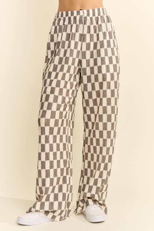 Retro Checkered Wide Leg Pants - Olive + Cream