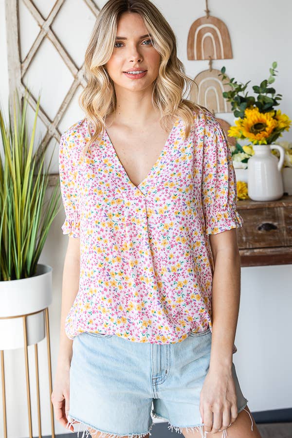 Tiny Flower Print V-Neck Ruffled Puff Sleeve Blouse T5051