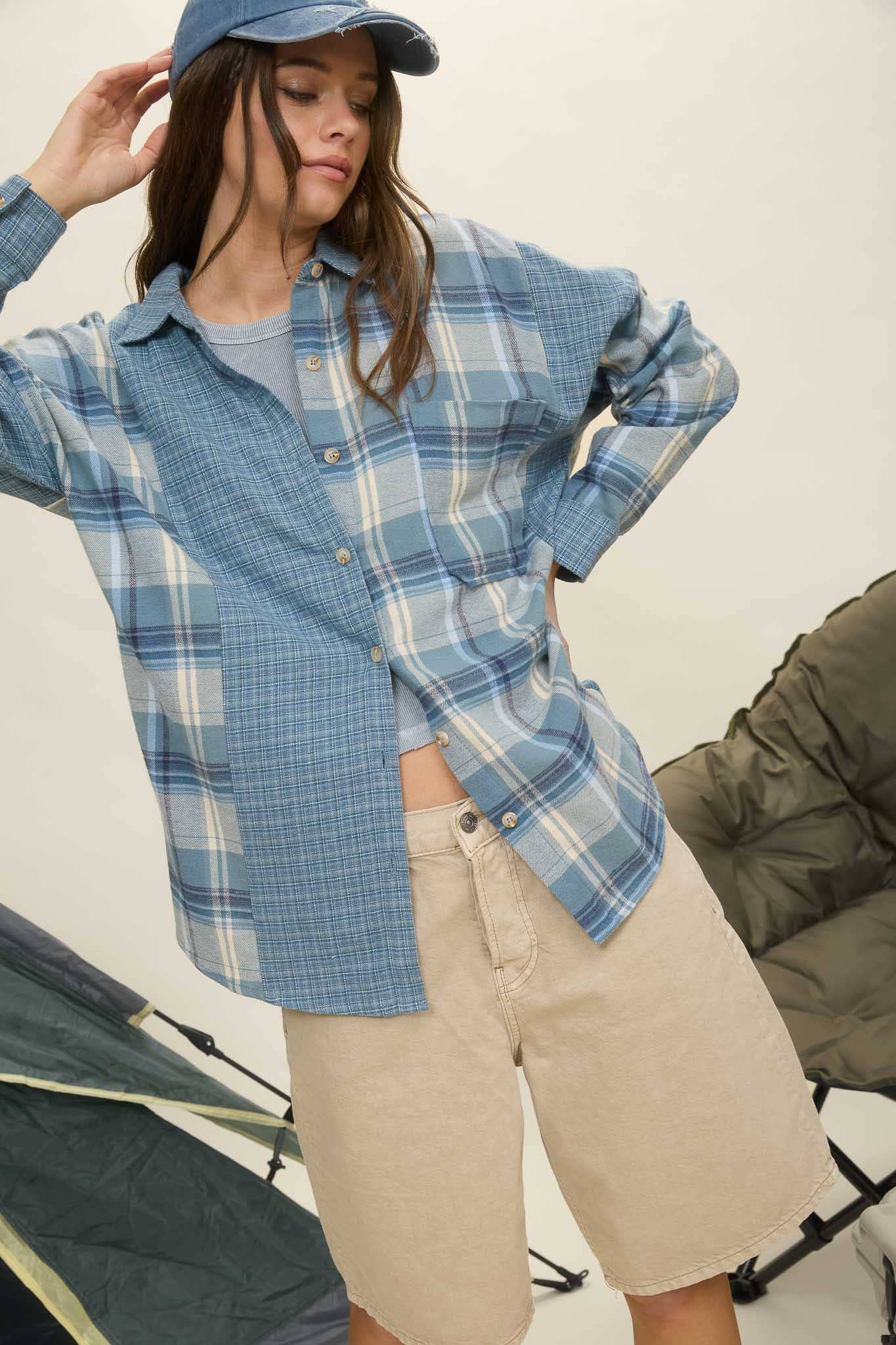 COLORBLOCK PLAID LONG SLEEVE BUTTON DOWN SHIRT