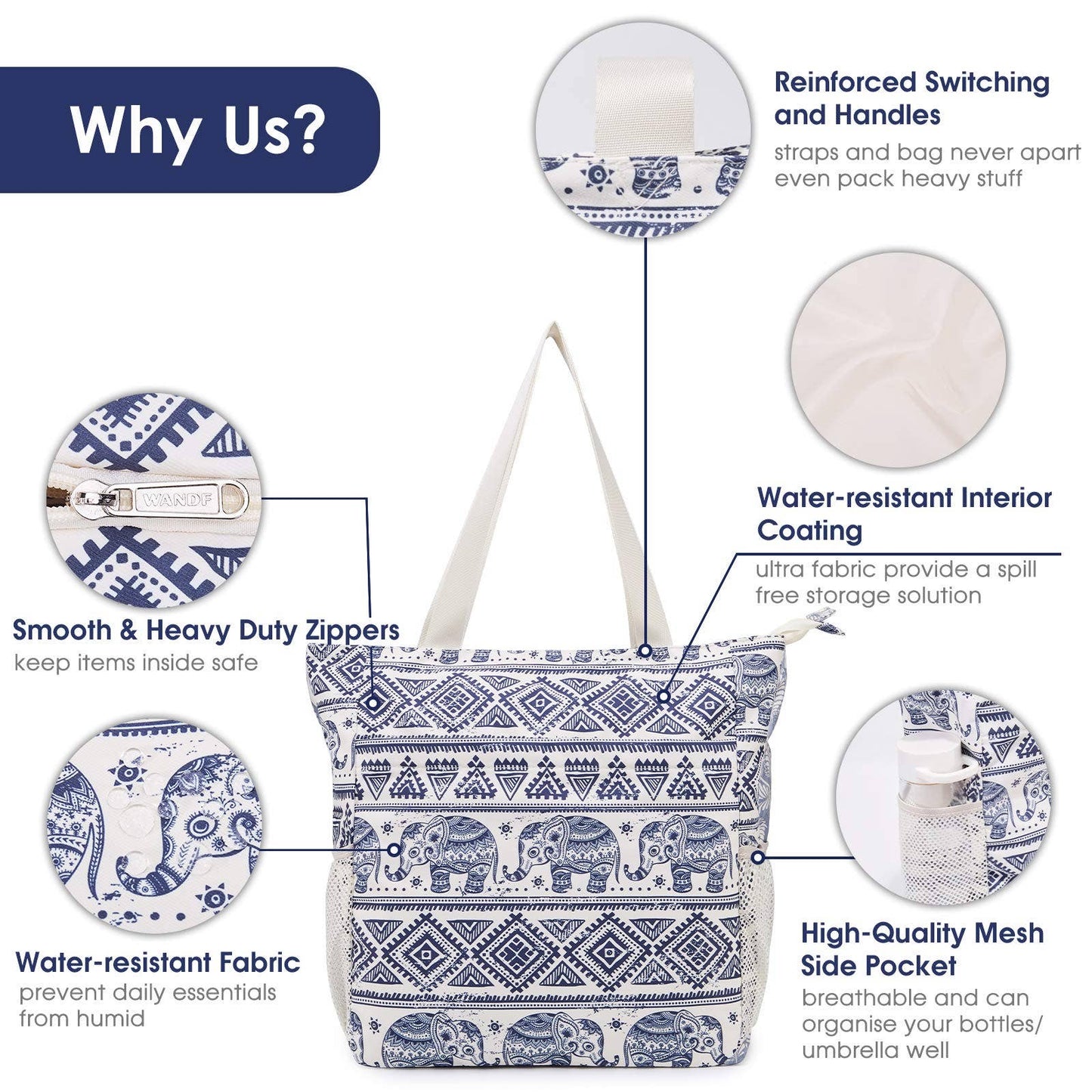 WANDF Water-resistant Beach Shoulder Tote Bag for Women