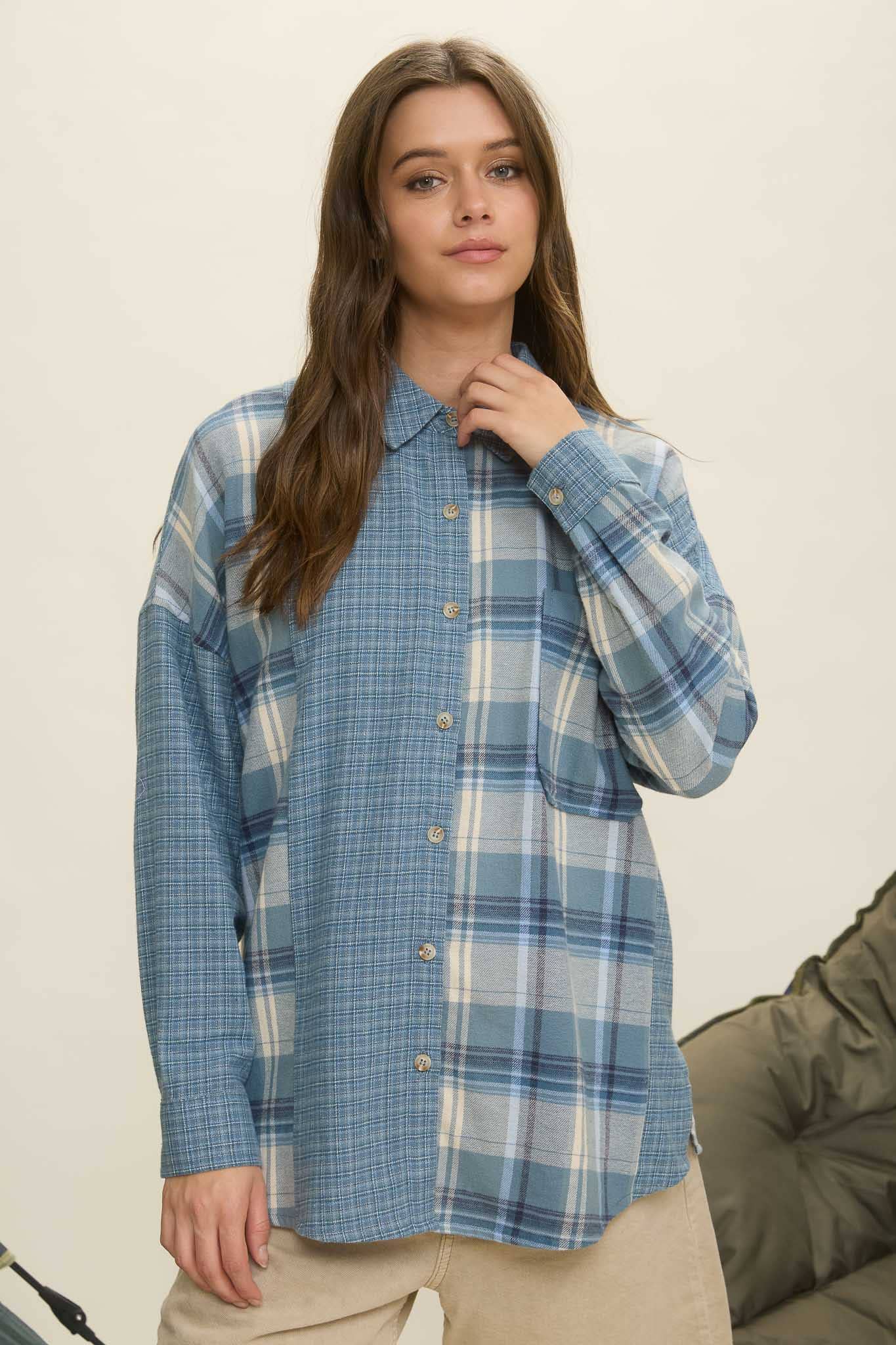COLORBLOCK PLAID LONG SLEEVE BUTTON DOWN SHIRT