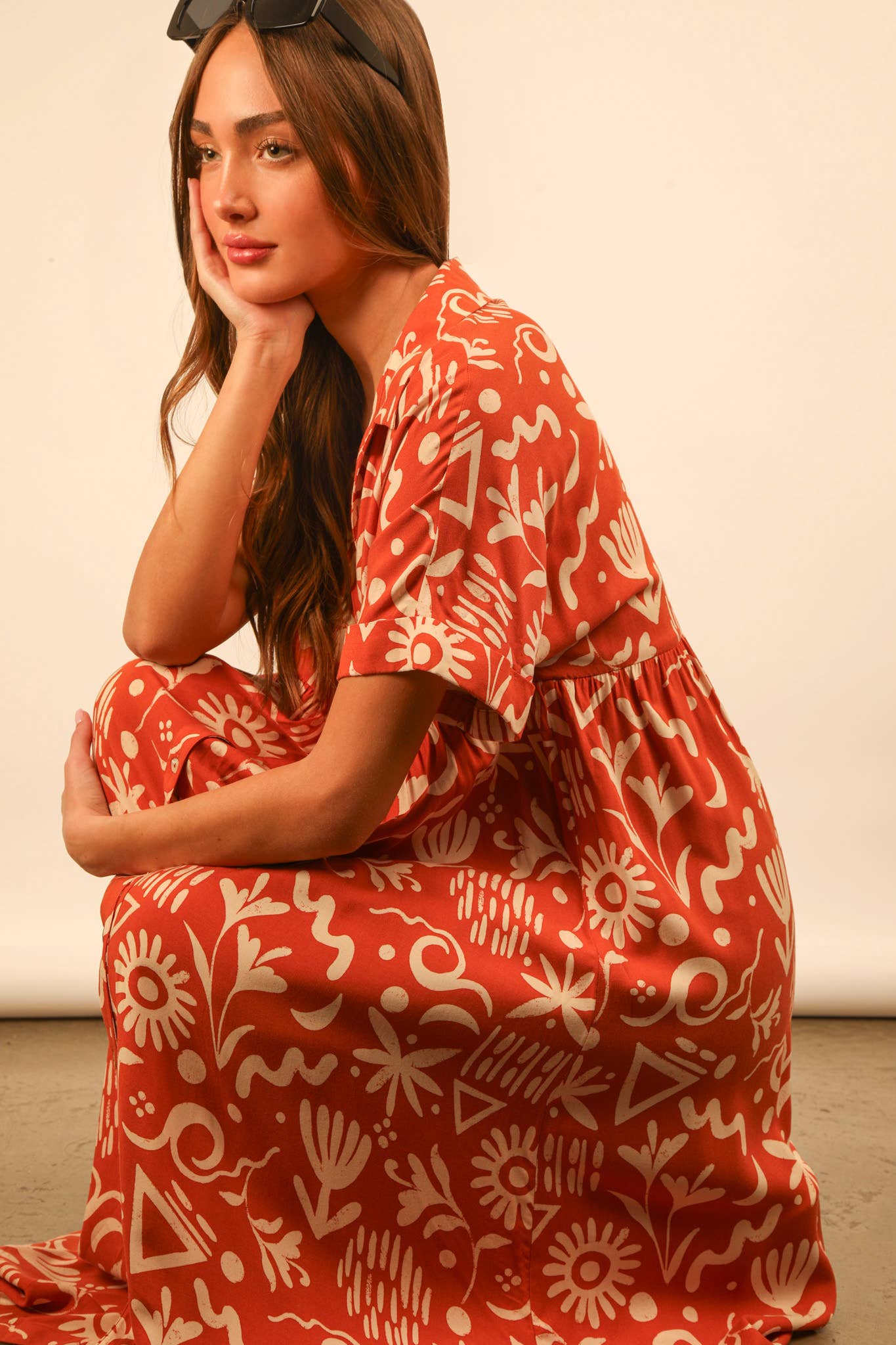 ND31583-Oversized Printed Shirt Midi Dress