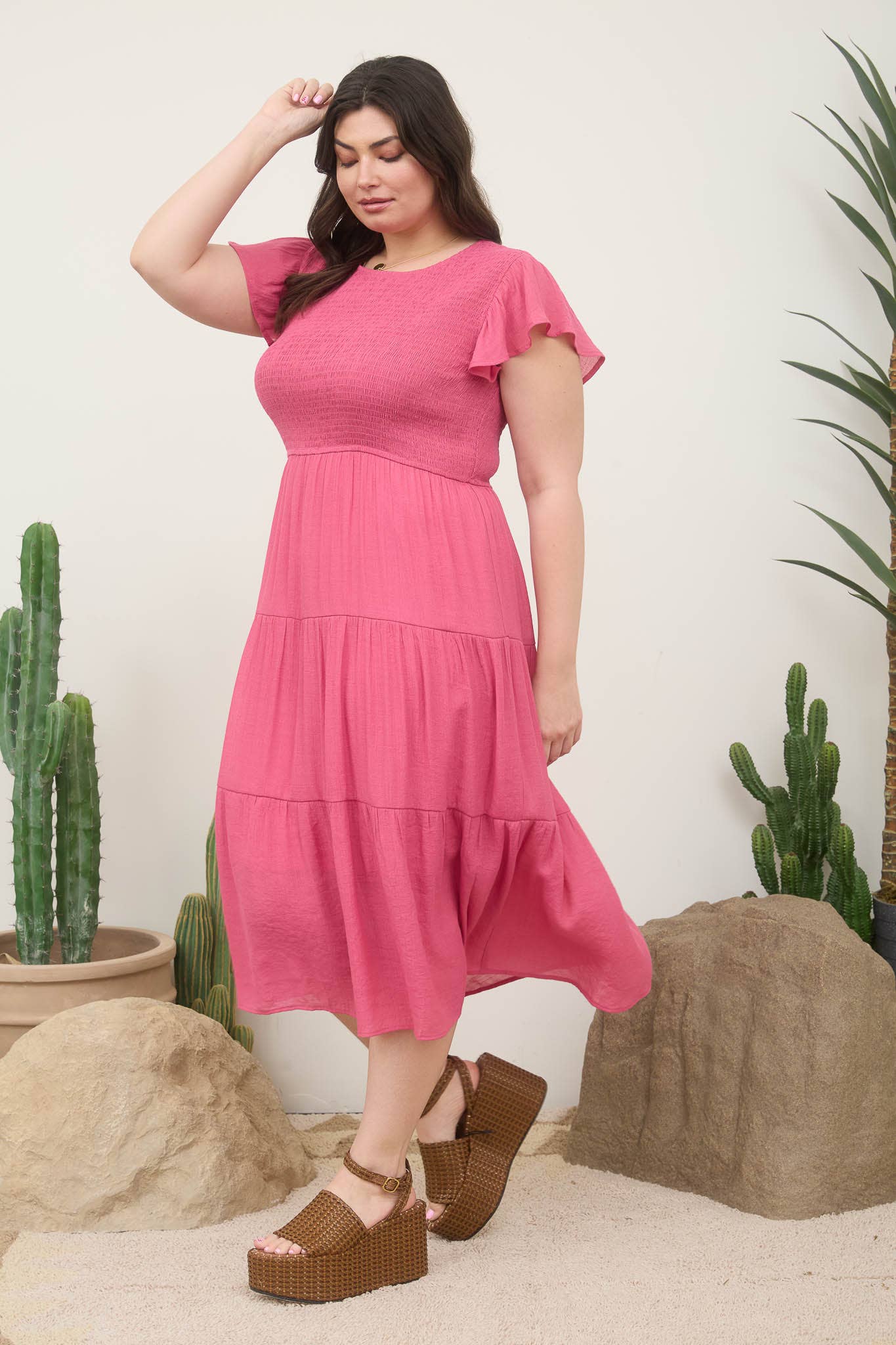PLUS SMOCKED TIERED MIDI DRESS