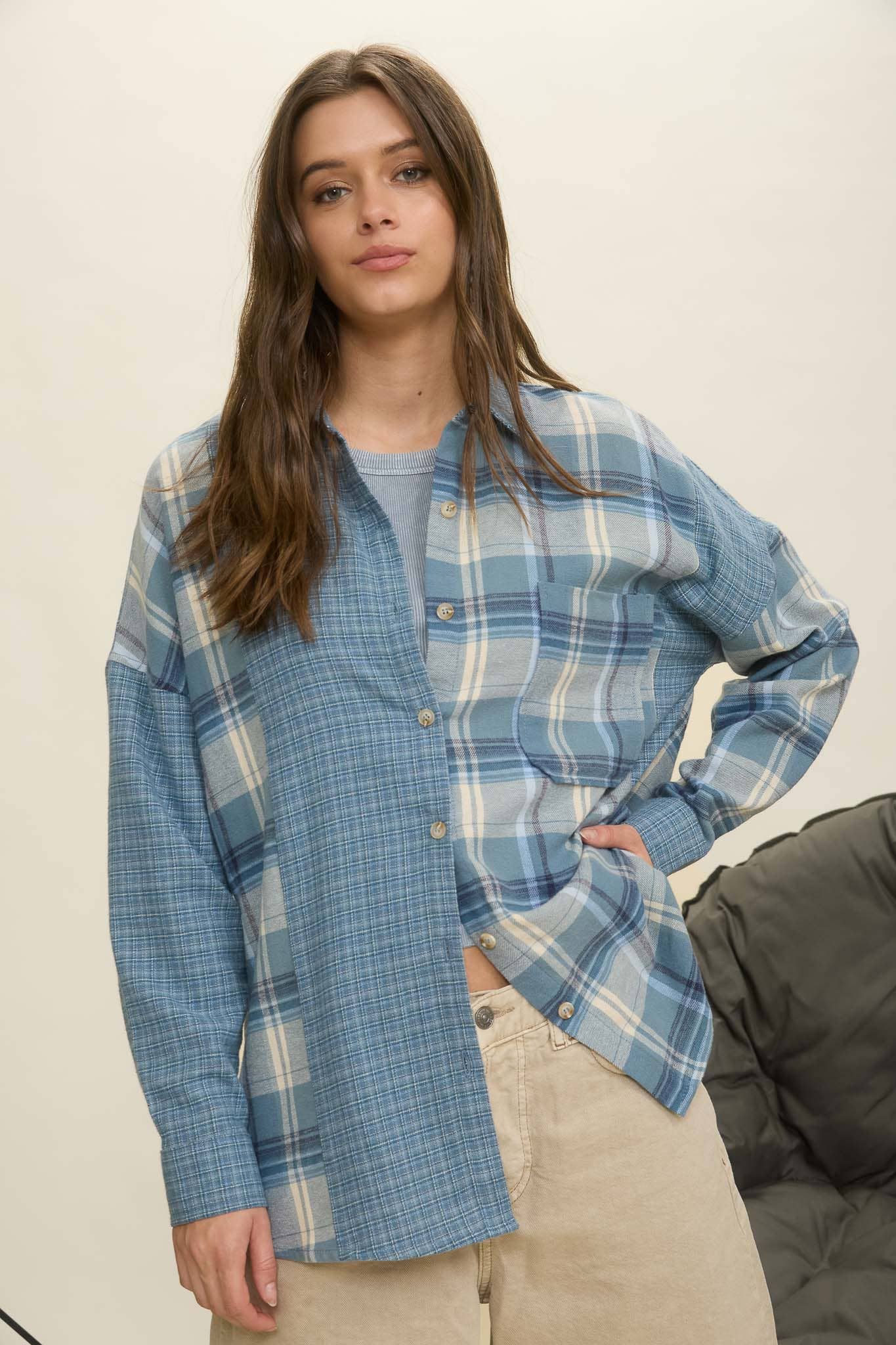 COLORBLOCK PLAID LONG SLEEVE BUTTON DOWN SHIRT