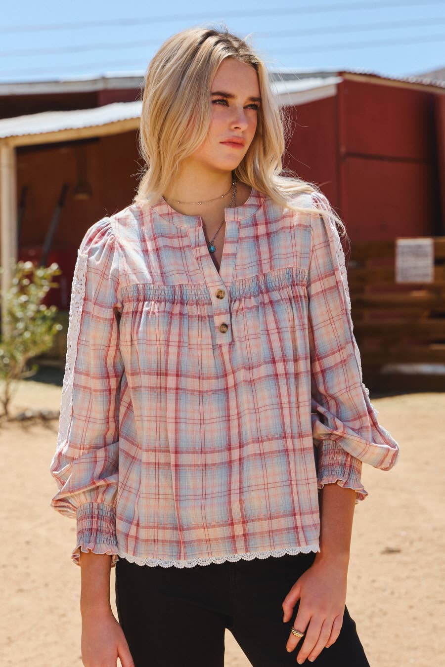 Lace& Plaid Combo Long Sleeve Blouse