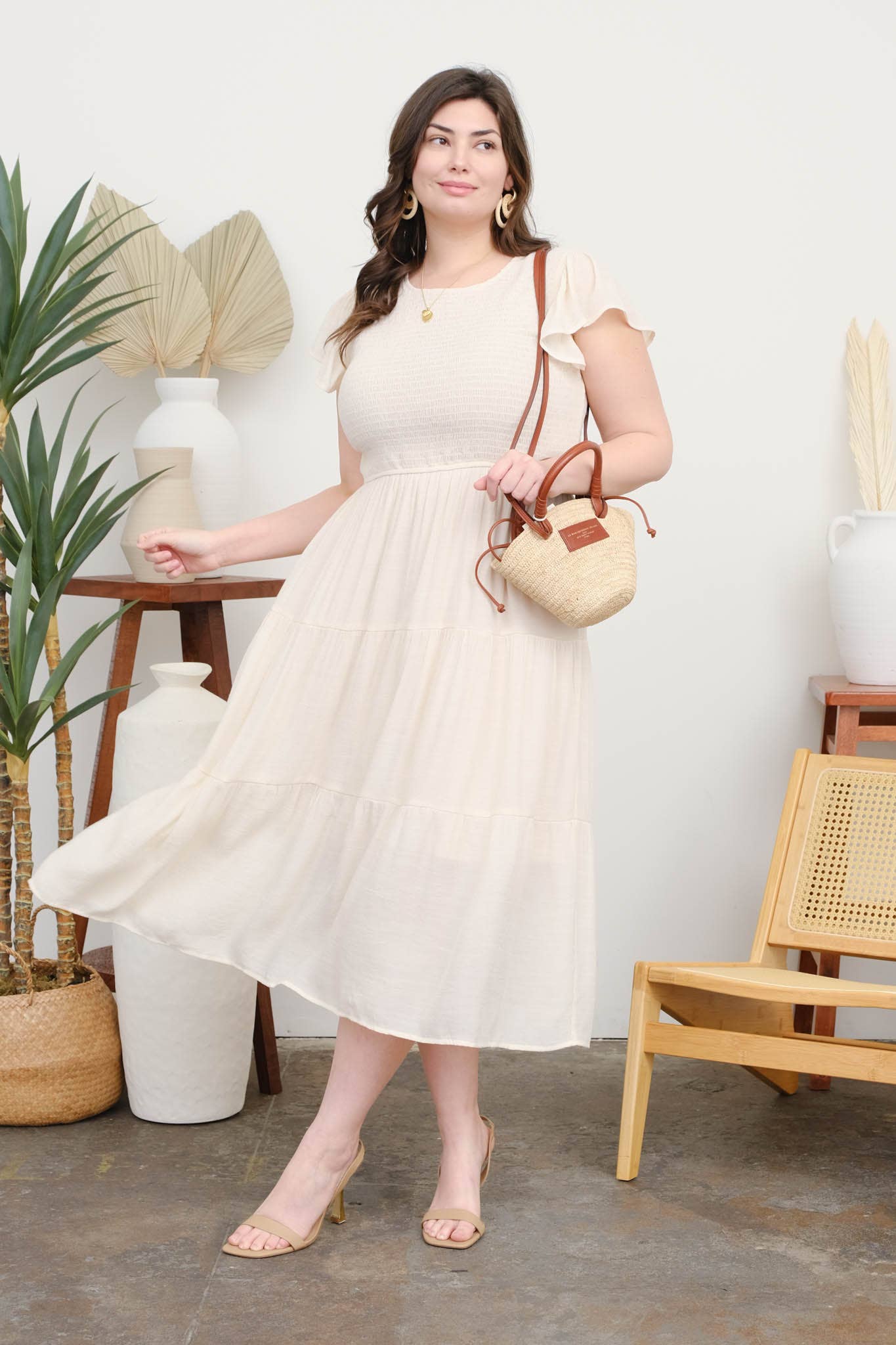PLUS SMOCKED TIERED MIDI DRESS