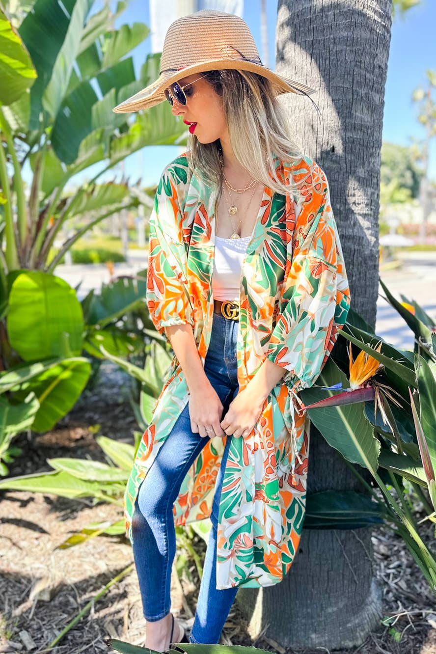 Green Multi Tropical Printed 3/4Tie Sleeve Satin Maxi Kimono