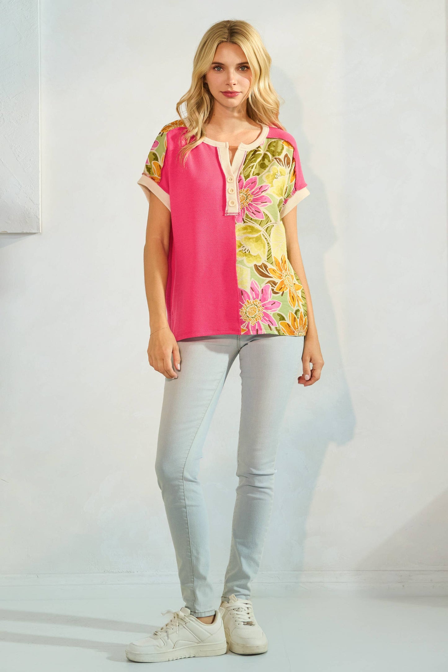 Floral Half Panel Button Short Sleeve Top T5963