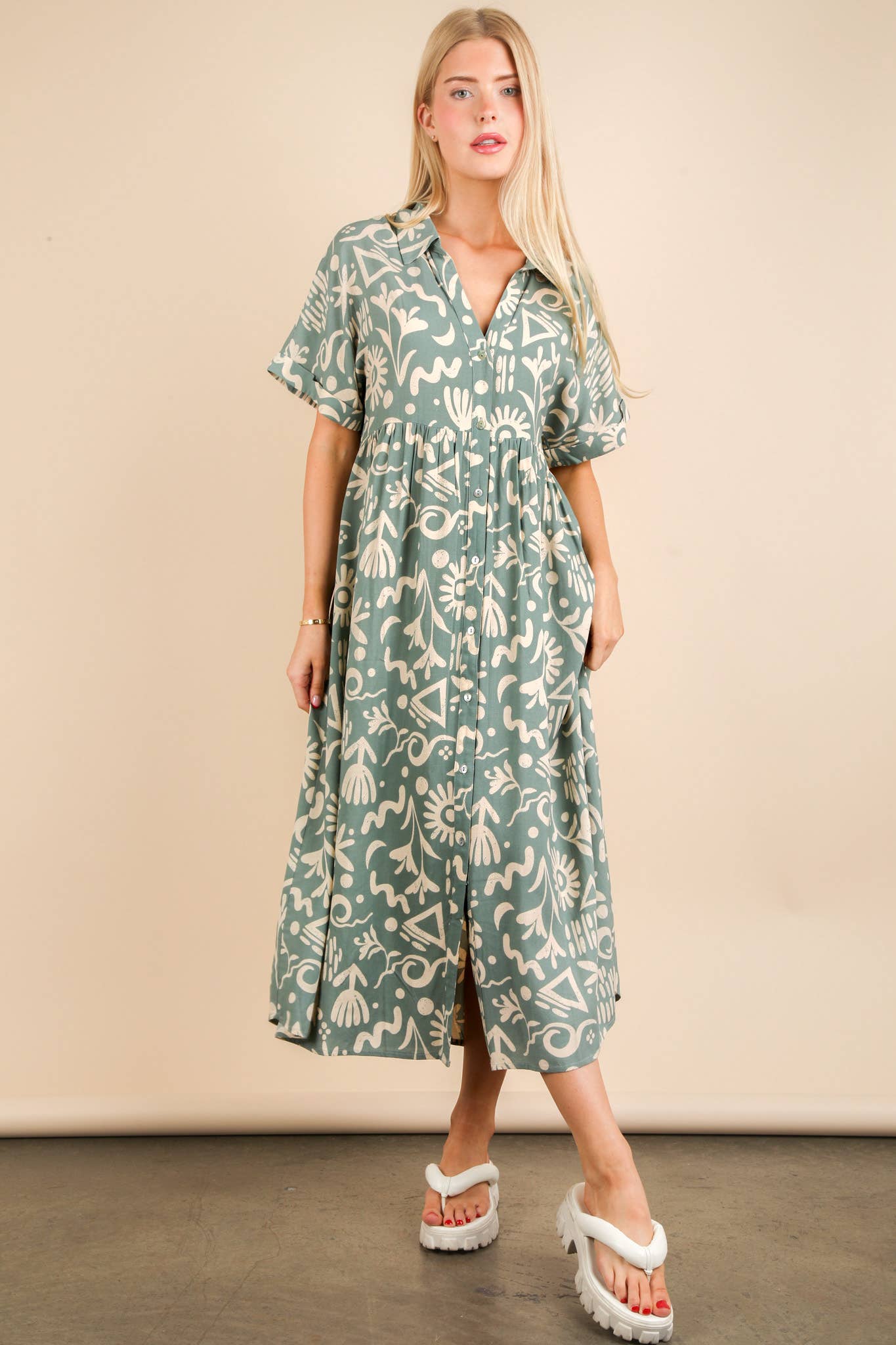 ND31583-Oversized Printed Shirt Midi Dress