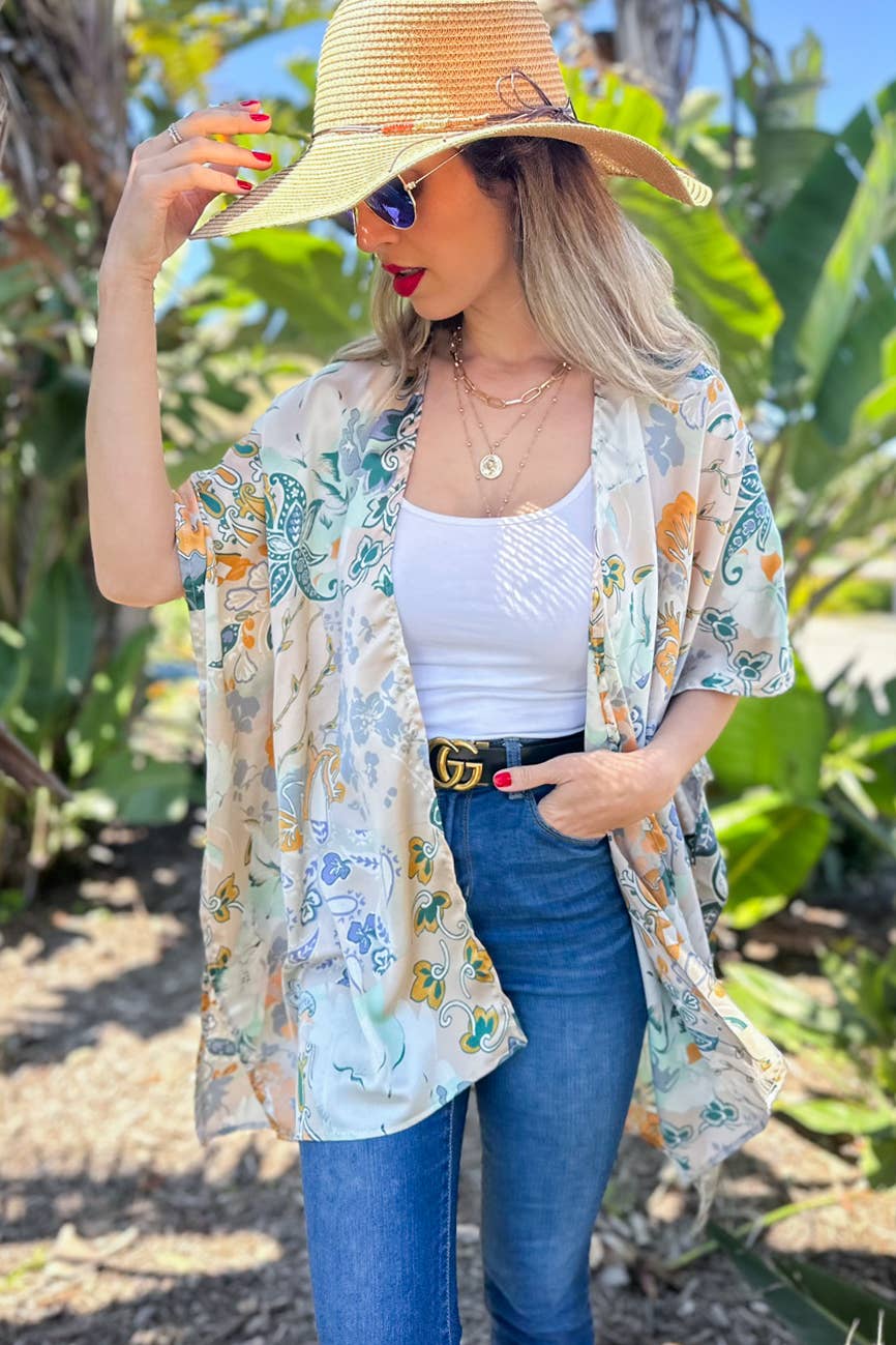 Beige Floral Printed Satin Kimono Cardigan Cover Up
