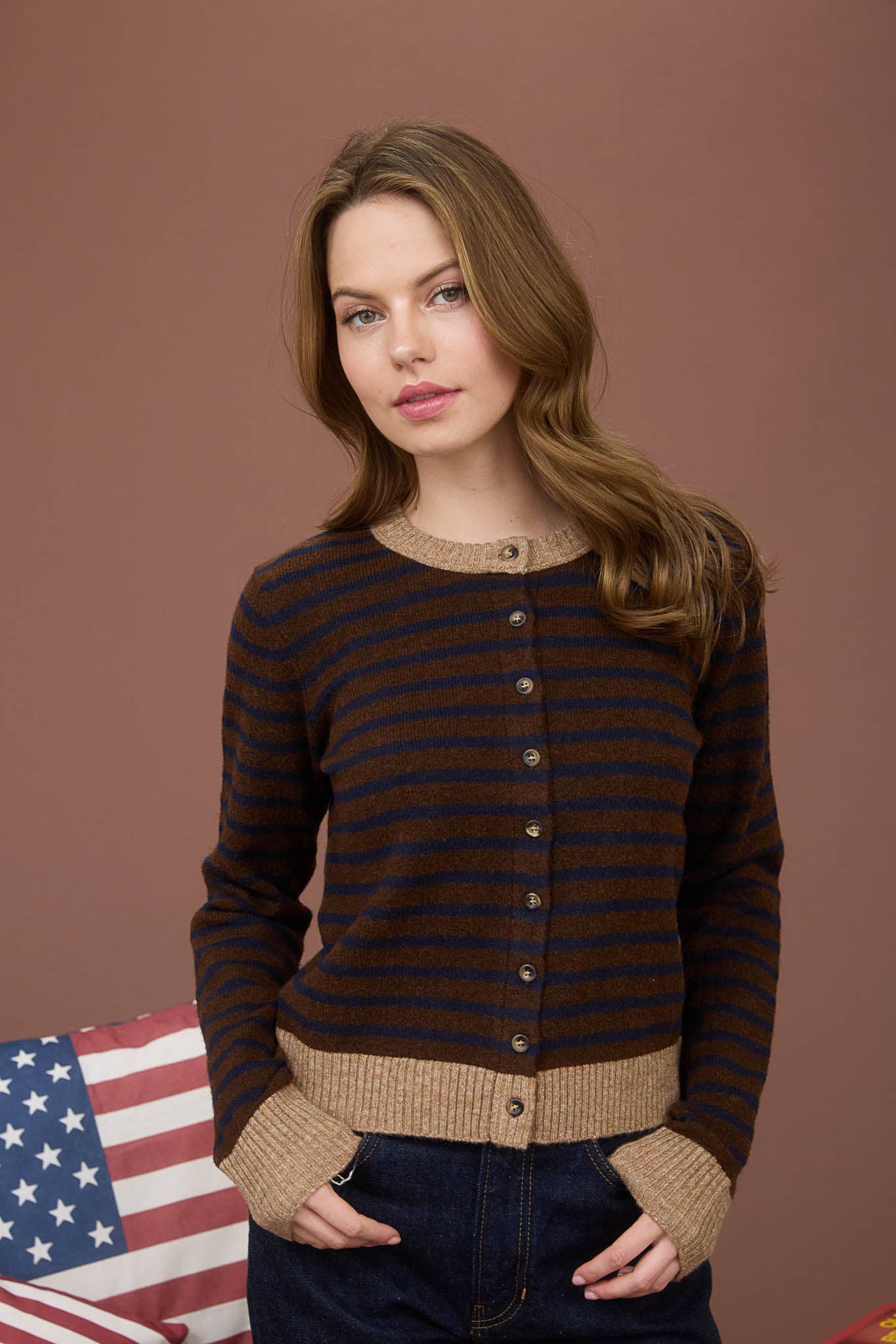 STRIPE COLORBLOCK TRIM BUTTON DOWN KNIT CARDIGAN