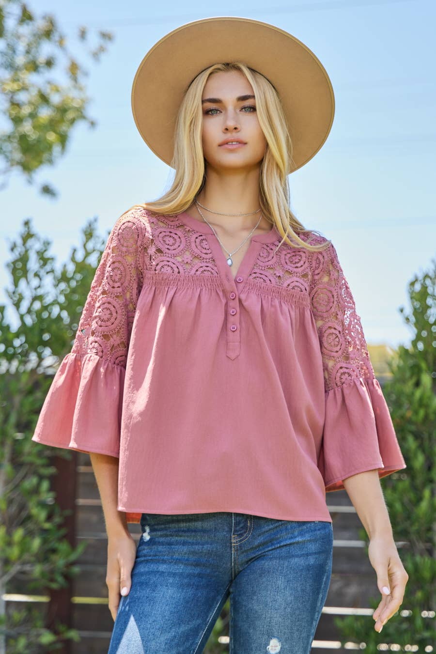 Solid Airflow Lace Trimed Bell Sleeve Blouse
