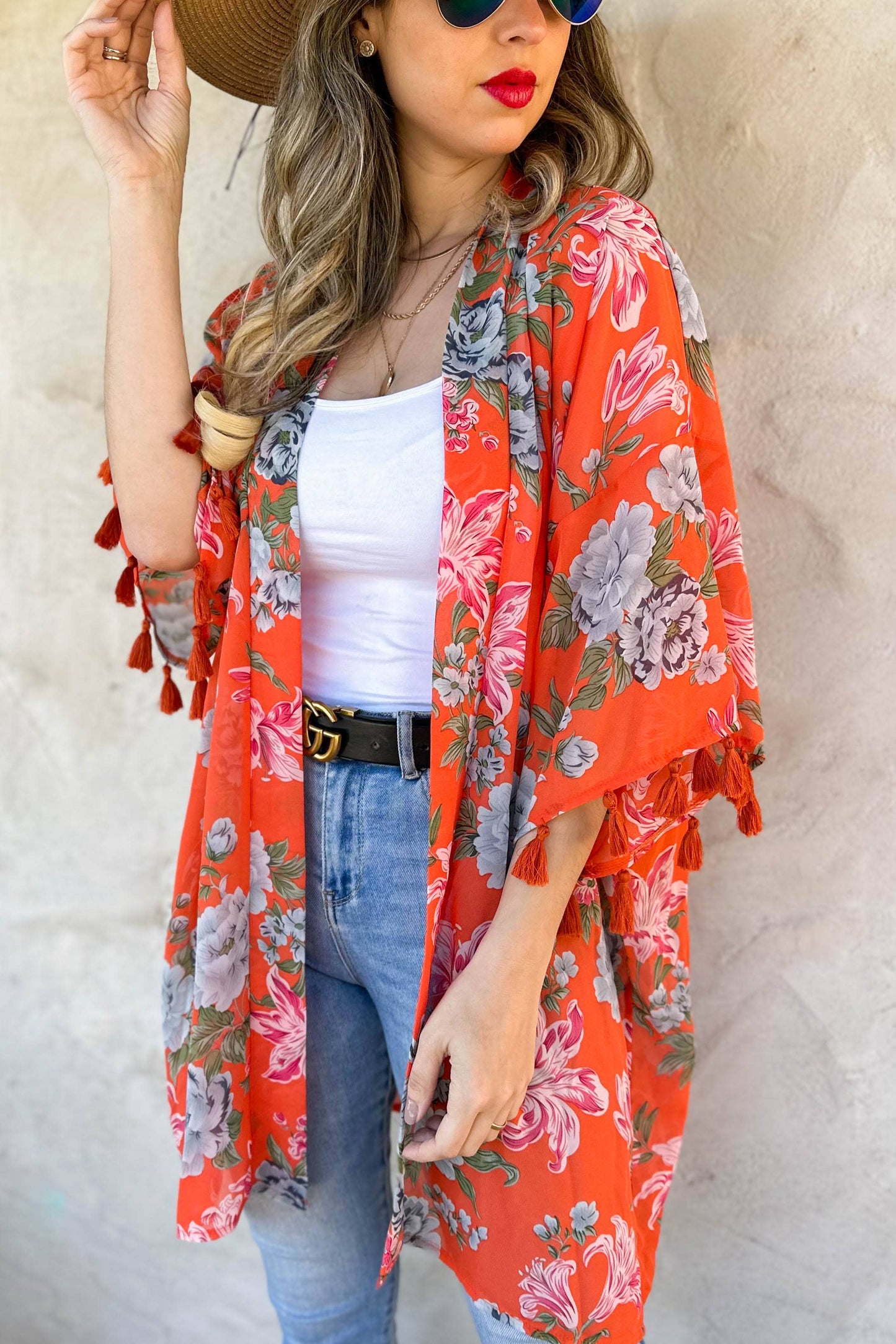 Coral Floral Print 3/4 Sleeve With Tassel Chiffon Kimono