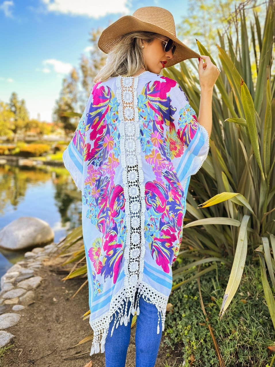 White Multi Floral Print Lace Detail Tassel Bottom Kimono