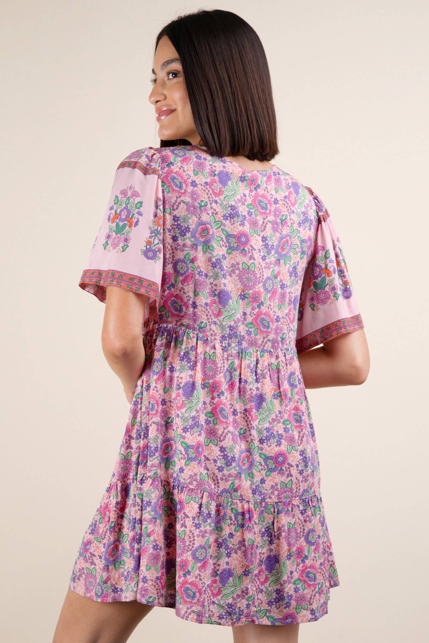 Shirring Detail Printed Woven Mini Dress