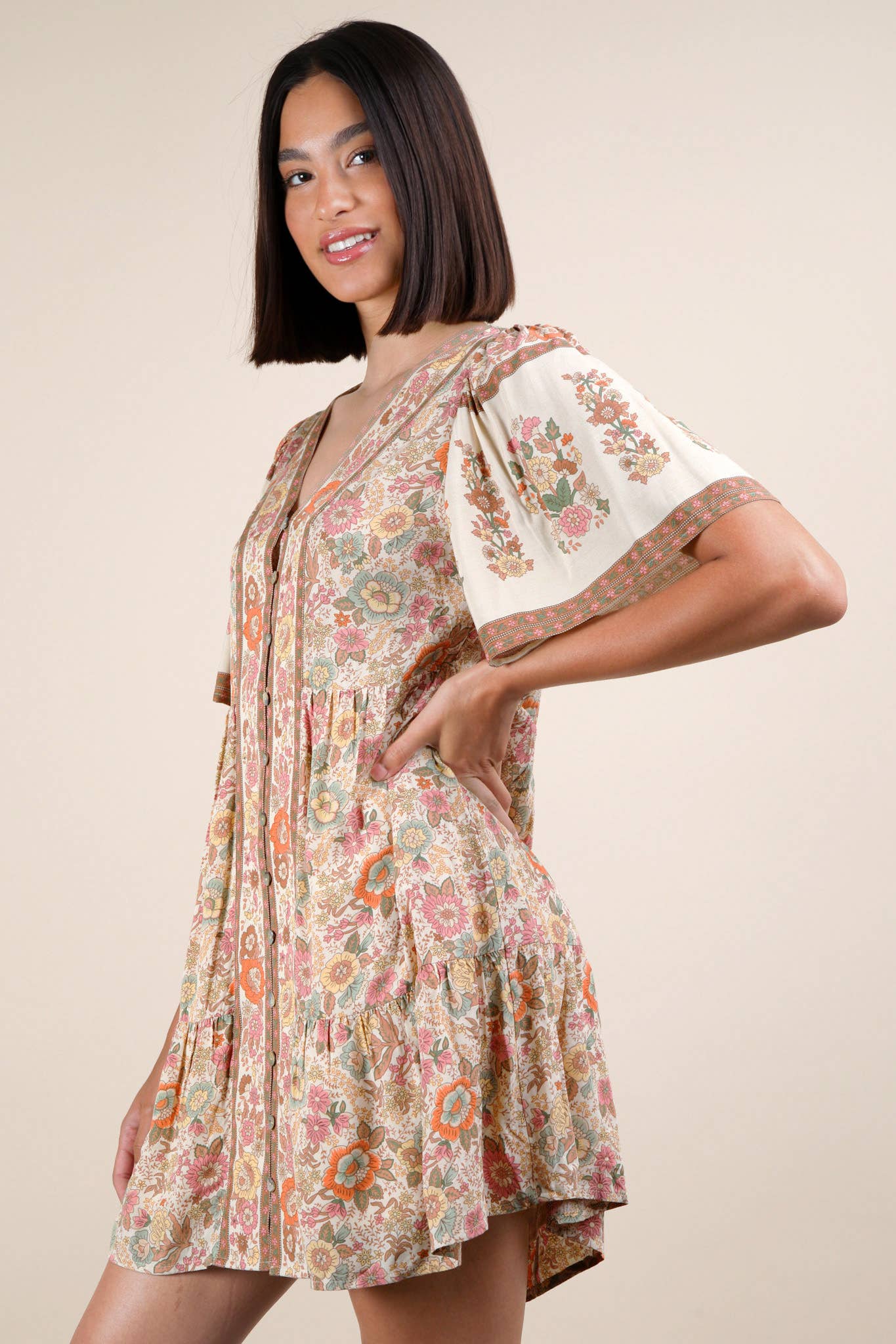 Shirring Detail Printed Woven Mini Dress