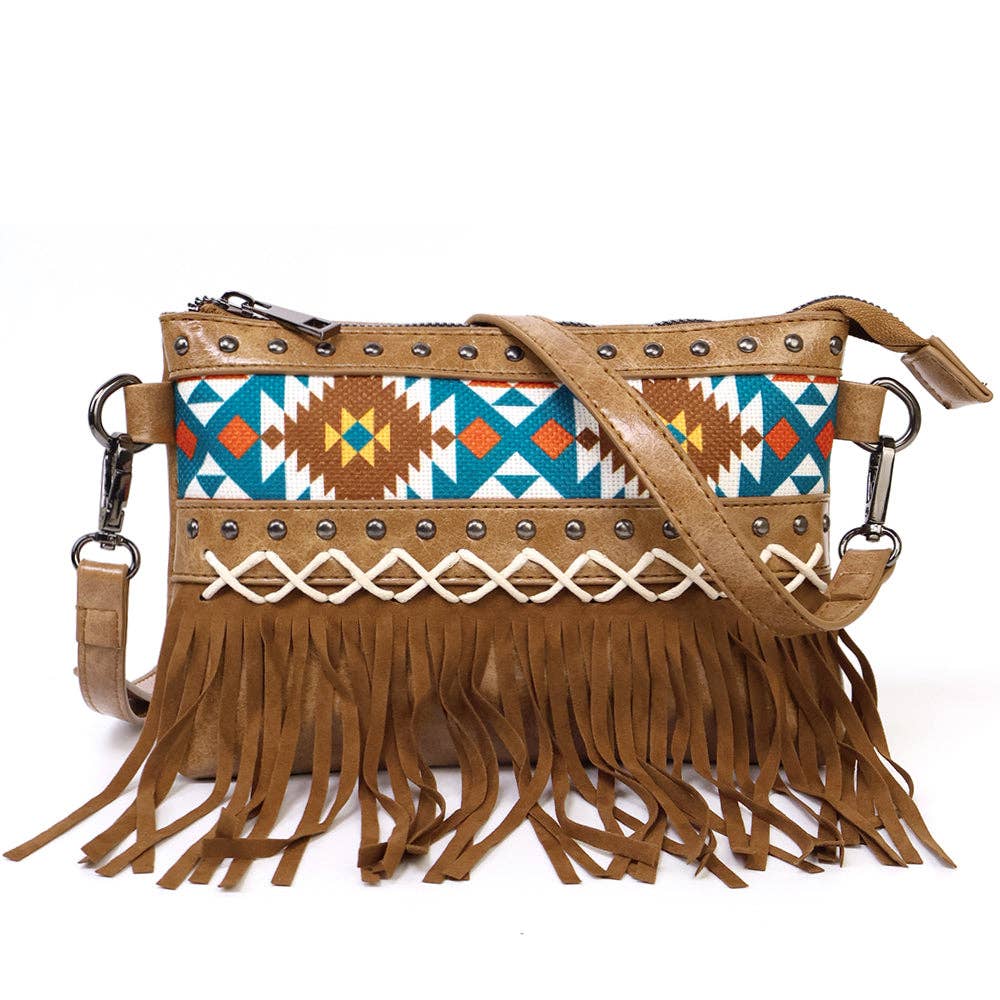 Fringe Blue Aztec Western Crossbody Bag