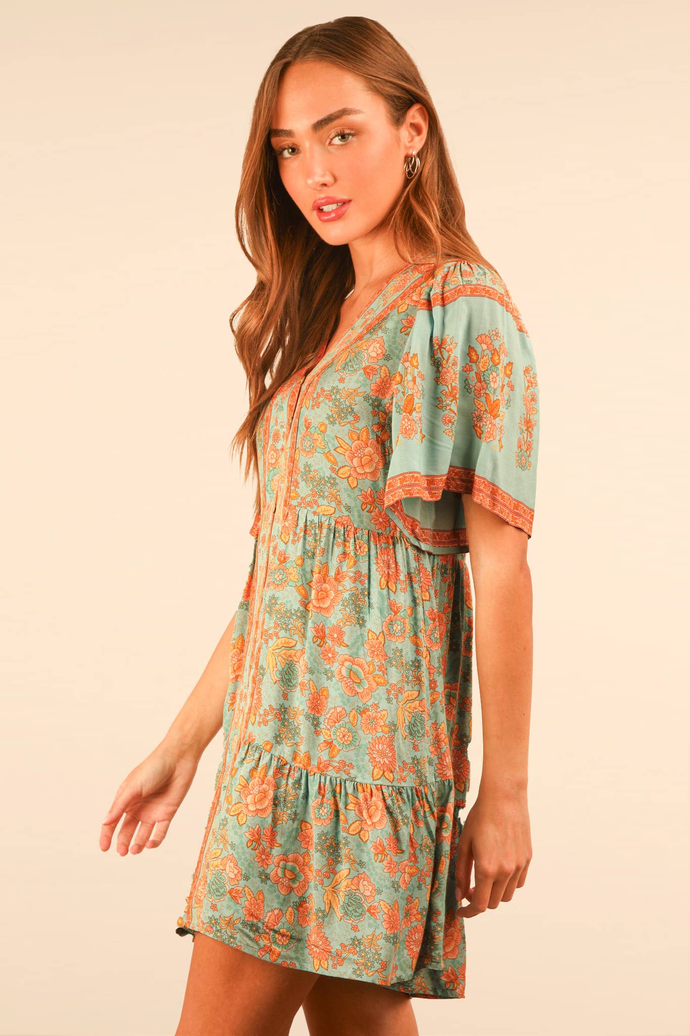 Shirring Detail Printed Woven Mini Dress