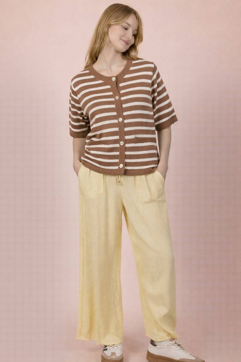 Stripe Button Down Knit Sweater Top - Taupe
