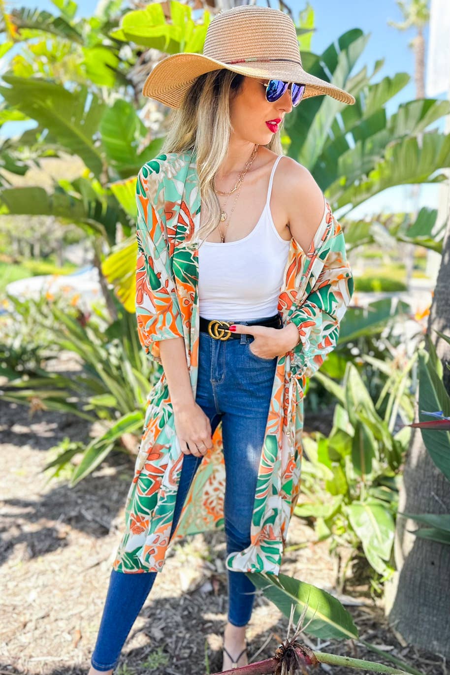 Green Multi Tropical Printed 3/4Tie Sleeve Satin Maxi Kimono