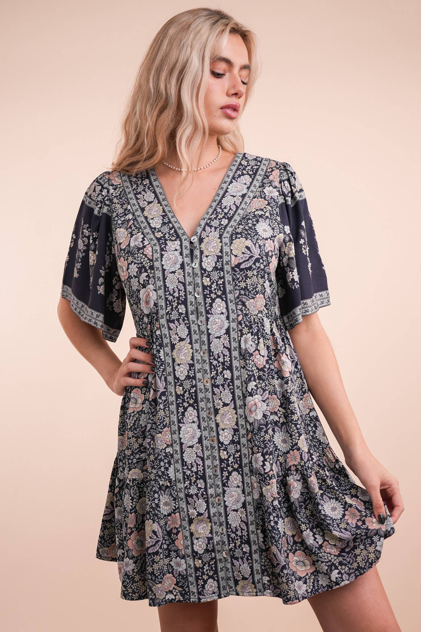 Shirring Detail Printed Woven Mini Dress