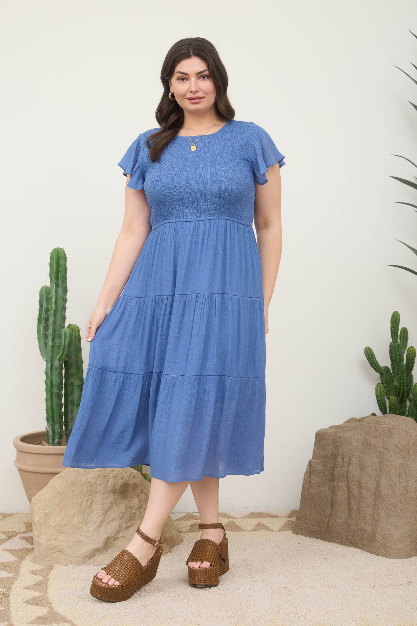 PLUS SMOCKED TIERED MIDI DRESS