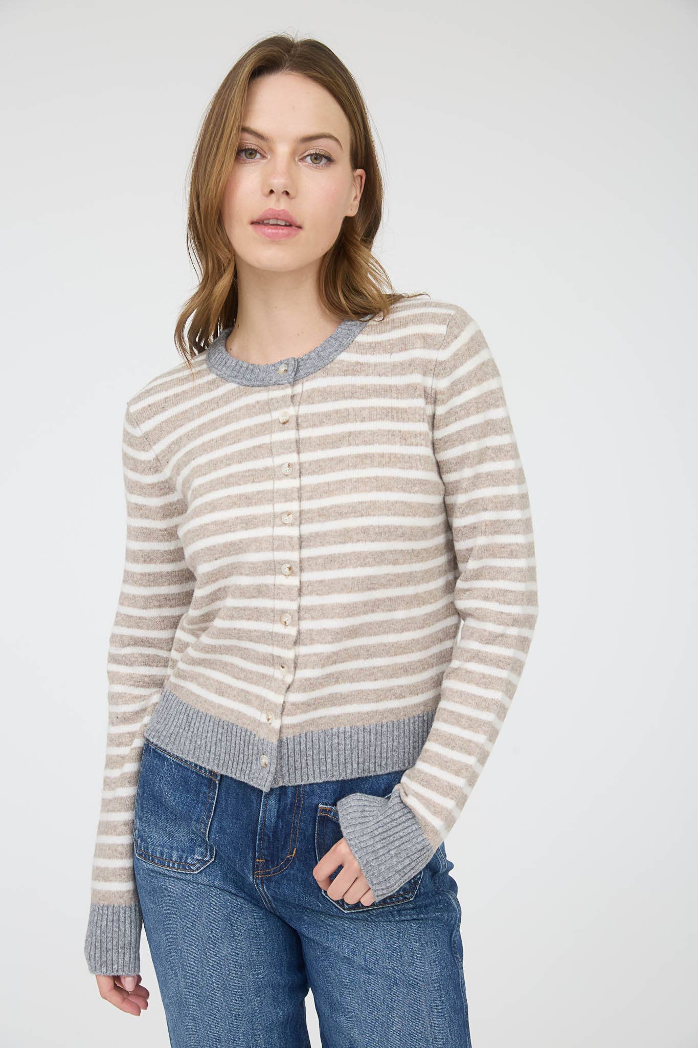 STRIPE COLORBLOCK TRIM BUTTON DOWN KNIT CARDIGAN