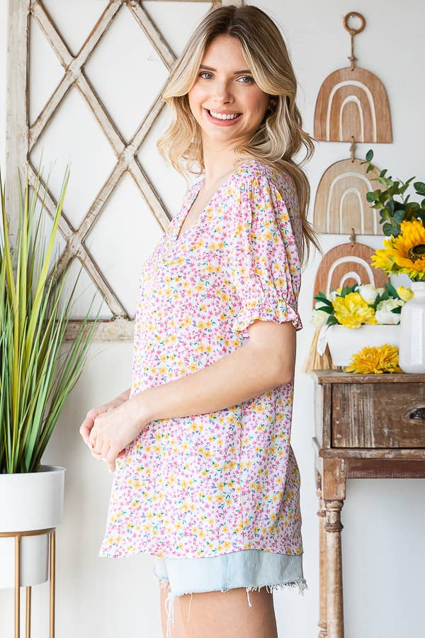 Tiny Flower Print V-Neck Ruffled Puff Sleeve Blouse T5051