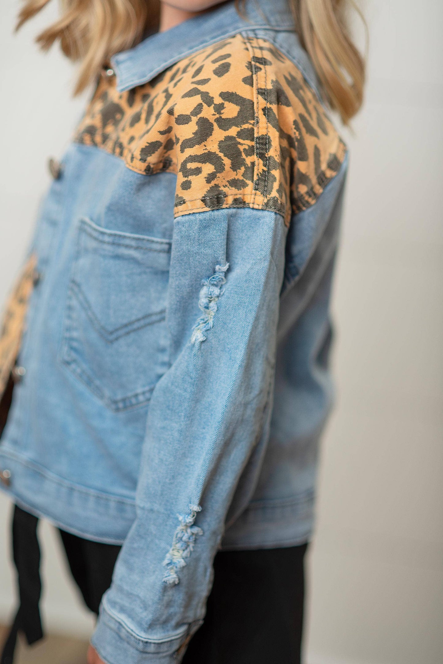 Kids Leopard Patch & Light Wash Denim Button Pocket Jacket