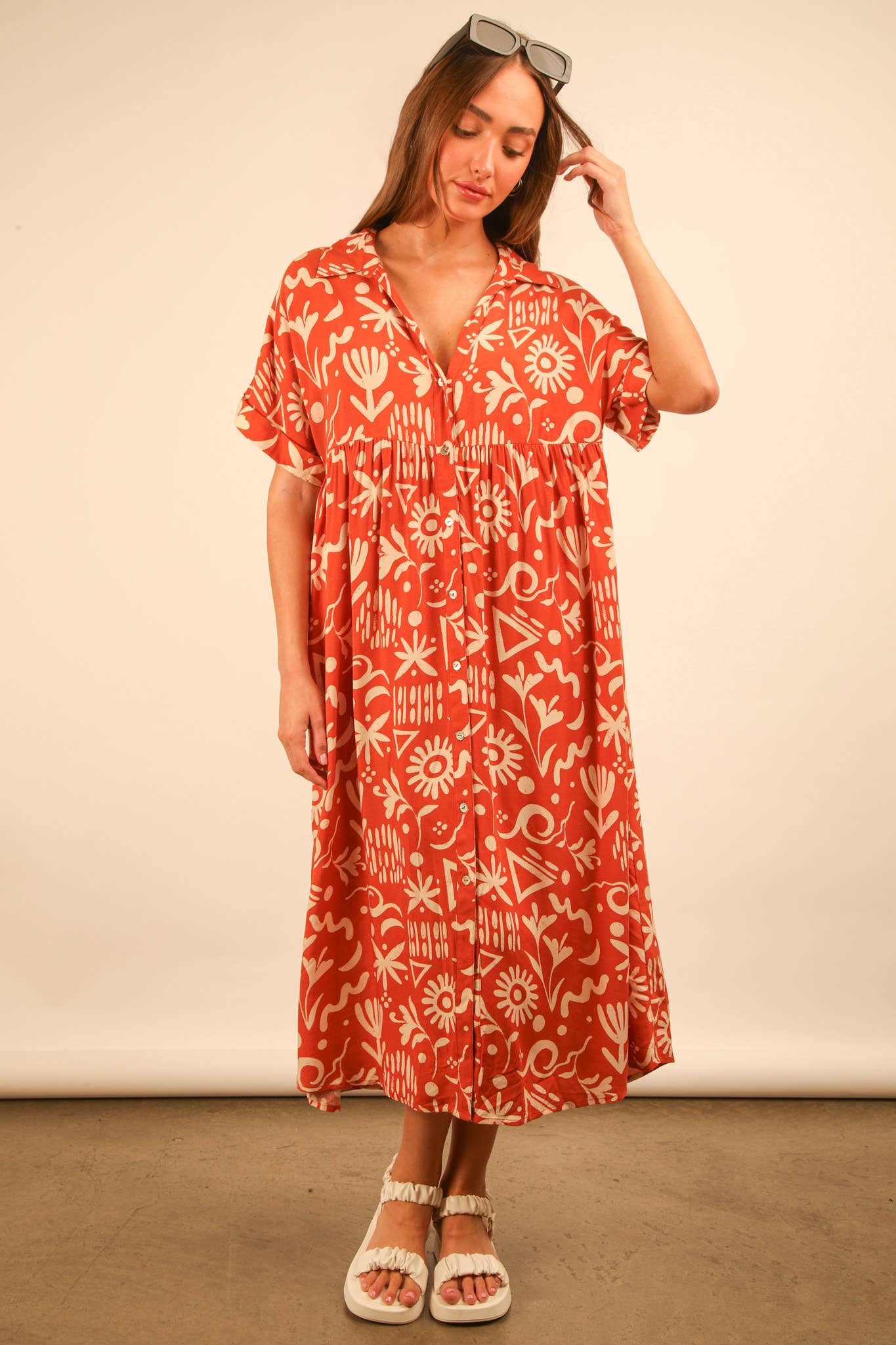 ND31583-Oversized Printed Shirt Midi Dress