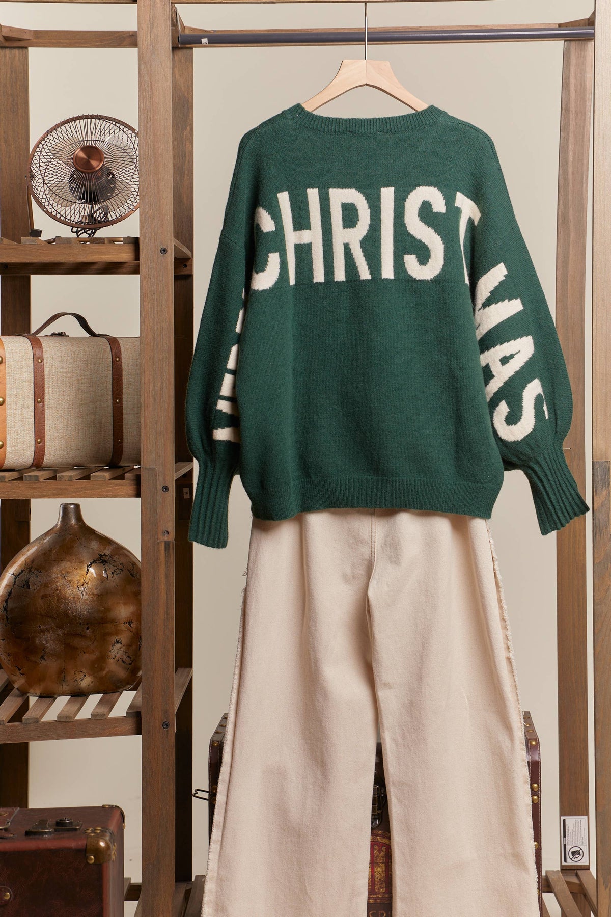 Mello - Oversized Christmas Sweater with Lettering - Green